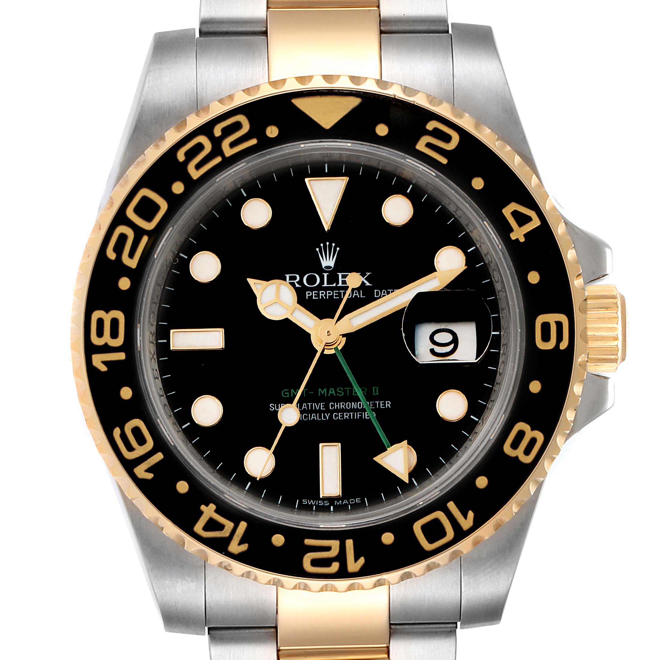 This image shows a front view of a Rolex GMT-Master 116713 Men's Steel and Gold (two tone) Black Dial 116713 Men's Steel and Gold (two tone) Black Dial II watch, highlighting its bezel, dial, hands, and bracelet.