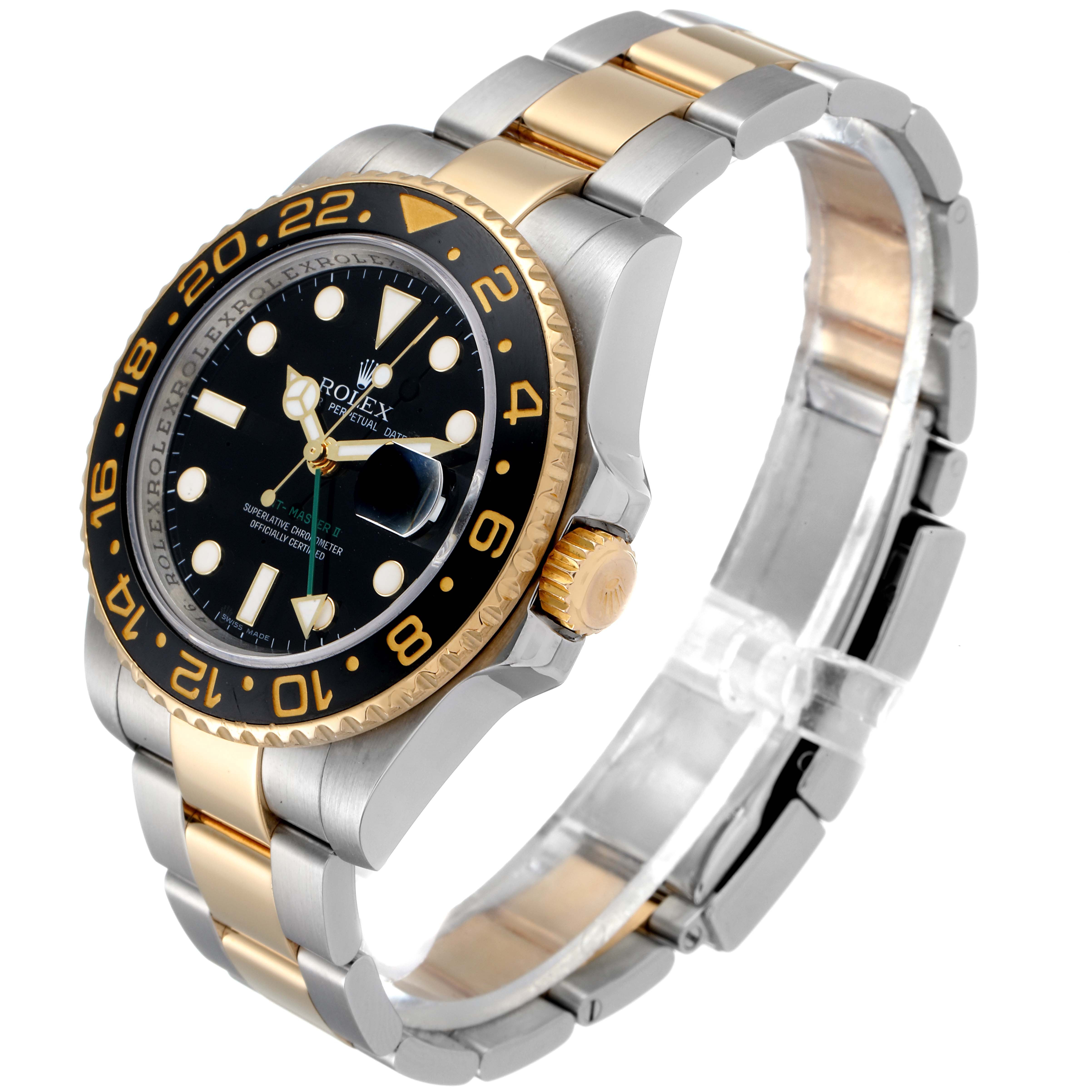 The image shows a side angle of the Rolex GMT-Master 116713 Men's Steel and Gold (two tone) Black Dial 116713 Men's Steel and Gold (two tone) Black Dial watch, highlighting its gold and silver bracelet and black bezel.