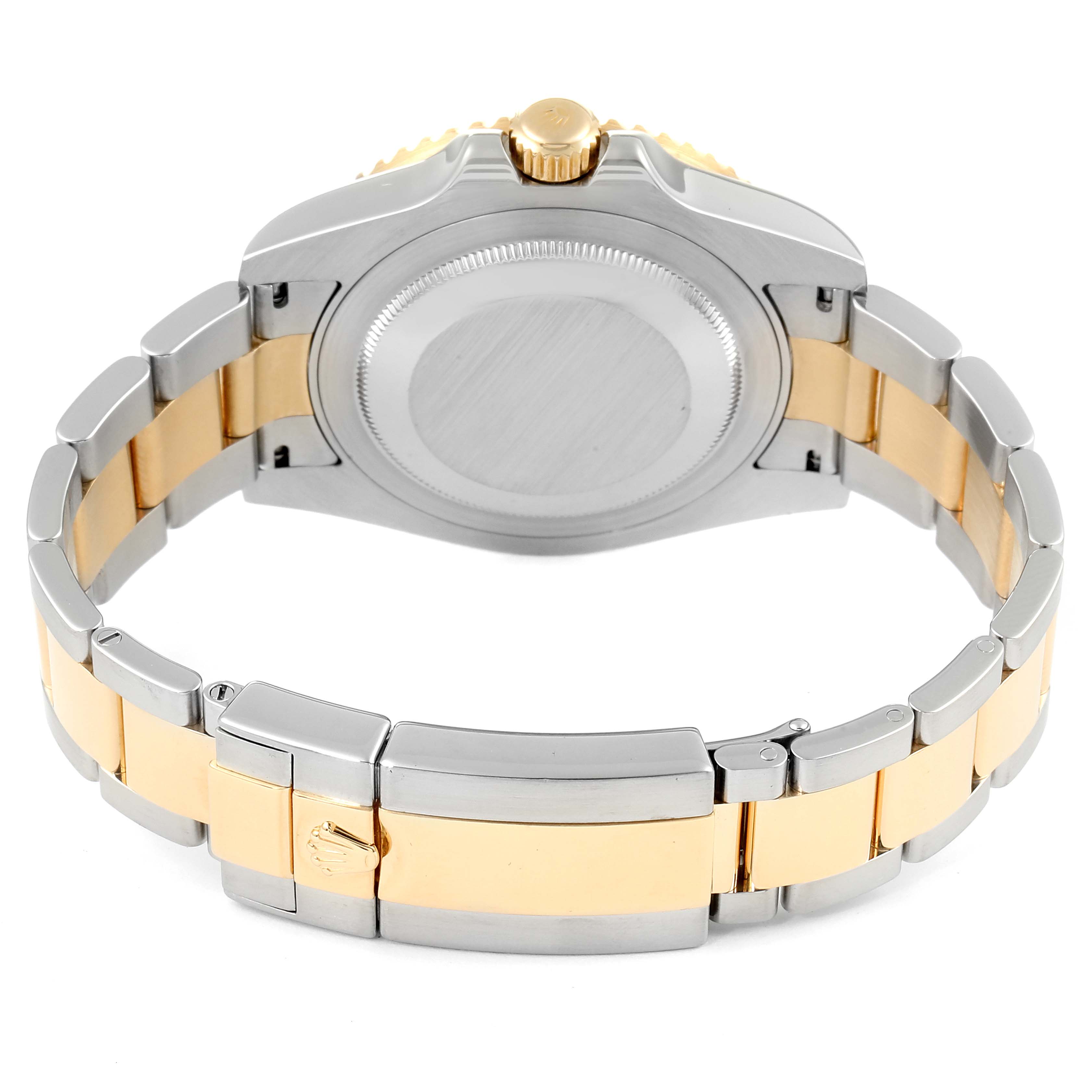 The image shows a rear view of a Rolex GMT-Master 116713 Men's Steel and Gold (two tone) Black Dial 116713 Men's Steel and Gold (two tone) Black Dial watch, highlighting the stainless steel and gold bracelet and case back.
