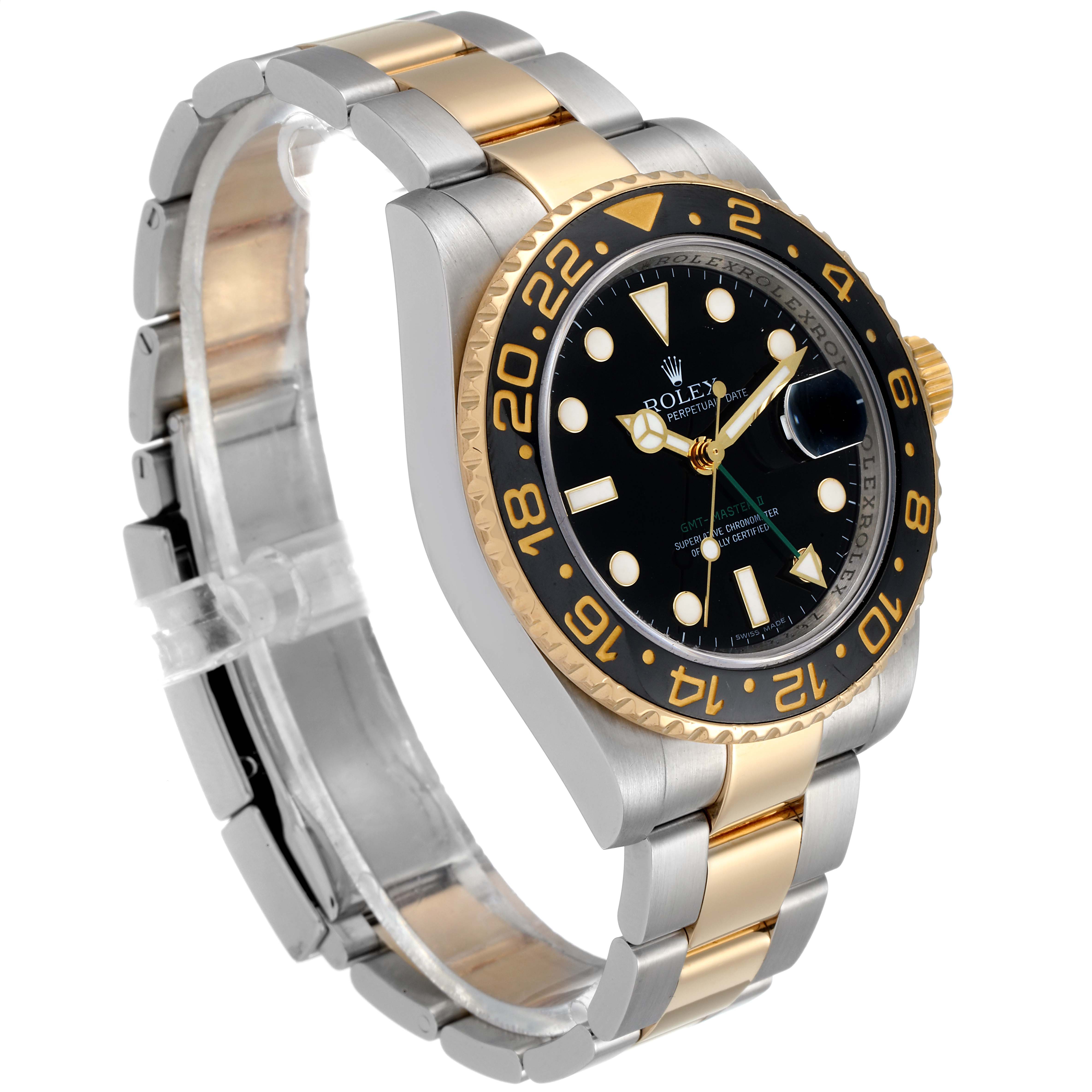 This image shows a Rolex GMT-Master 116713 Men's Steel and Gold (two tone) Black Dial 116713 Men's Steel and Gold (two tone) Black Dial watch at a three-quarter angle, displaying the bezel, dial, crown, and two-tone bracelet.