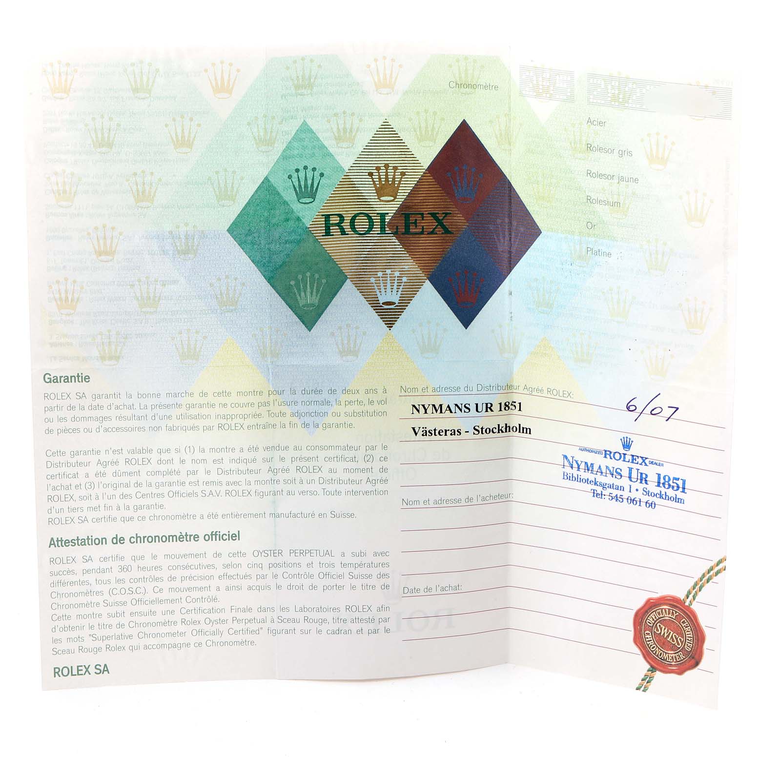 The image shows the warranty certificate and booklet for a Rolex GMT-Master 116713 Men's Steel and Gold (two tone) Black Dial 116713 Men's Steel and Gold (two tone) Black Dial watch, detailing brand information and purchase details.