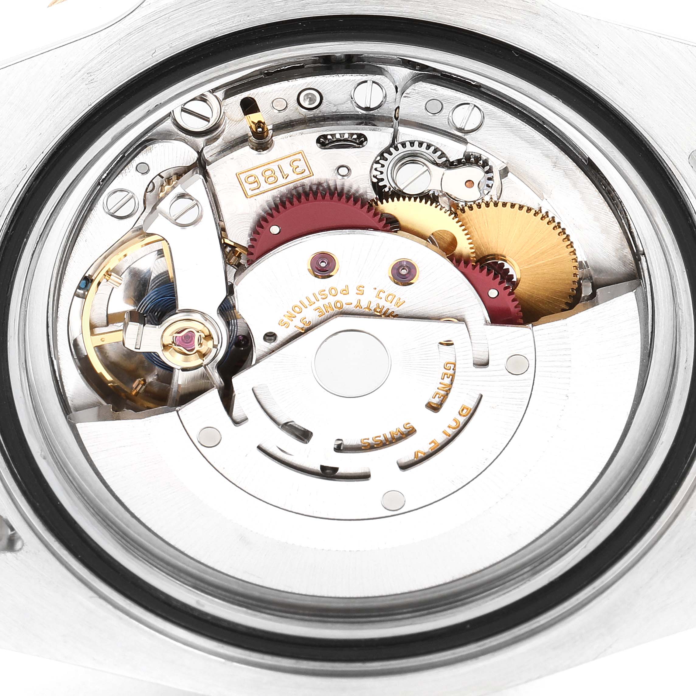 The image shows a close-up of the movement mechanism inside a Rolex GMT-Master 116713 Men's Steel and Gold (two tone) Black Dial 116713 Men's Steel and Gold (two tone) Black Dial watch.
