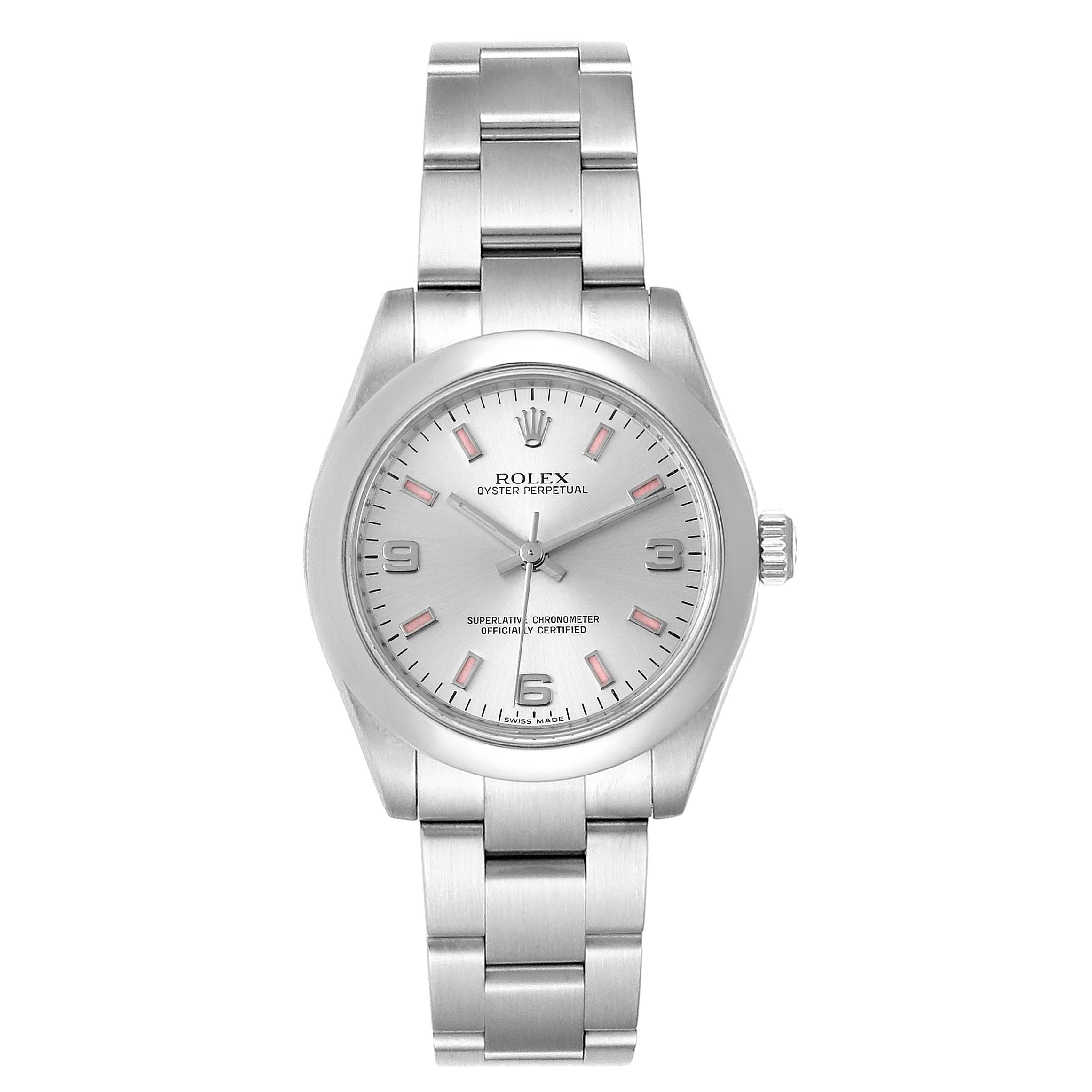 This image shows a front view of a Mid-Size Rolex Oyster Perpetual watch, featuring the dial, case, and bracelet.