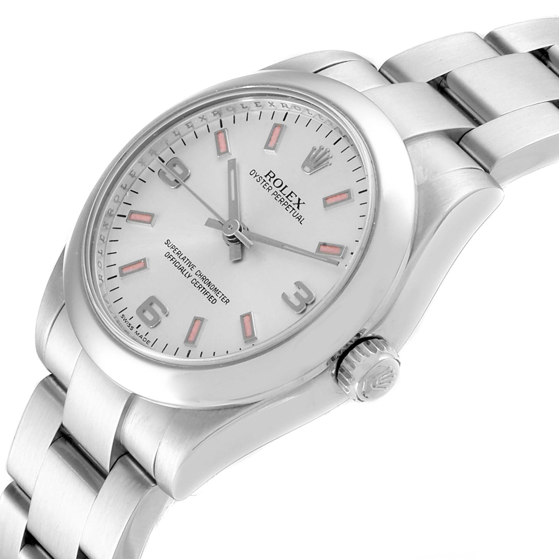 The image shows a Rolex Mid-Size 177200 Women
s Stainless Steel Silver Dial 177200 Women
s Stainless Steel Silver Dial Oyster Perpetual watch from a three-quarter angle, showing the dial, crown, and part of the bracelet.