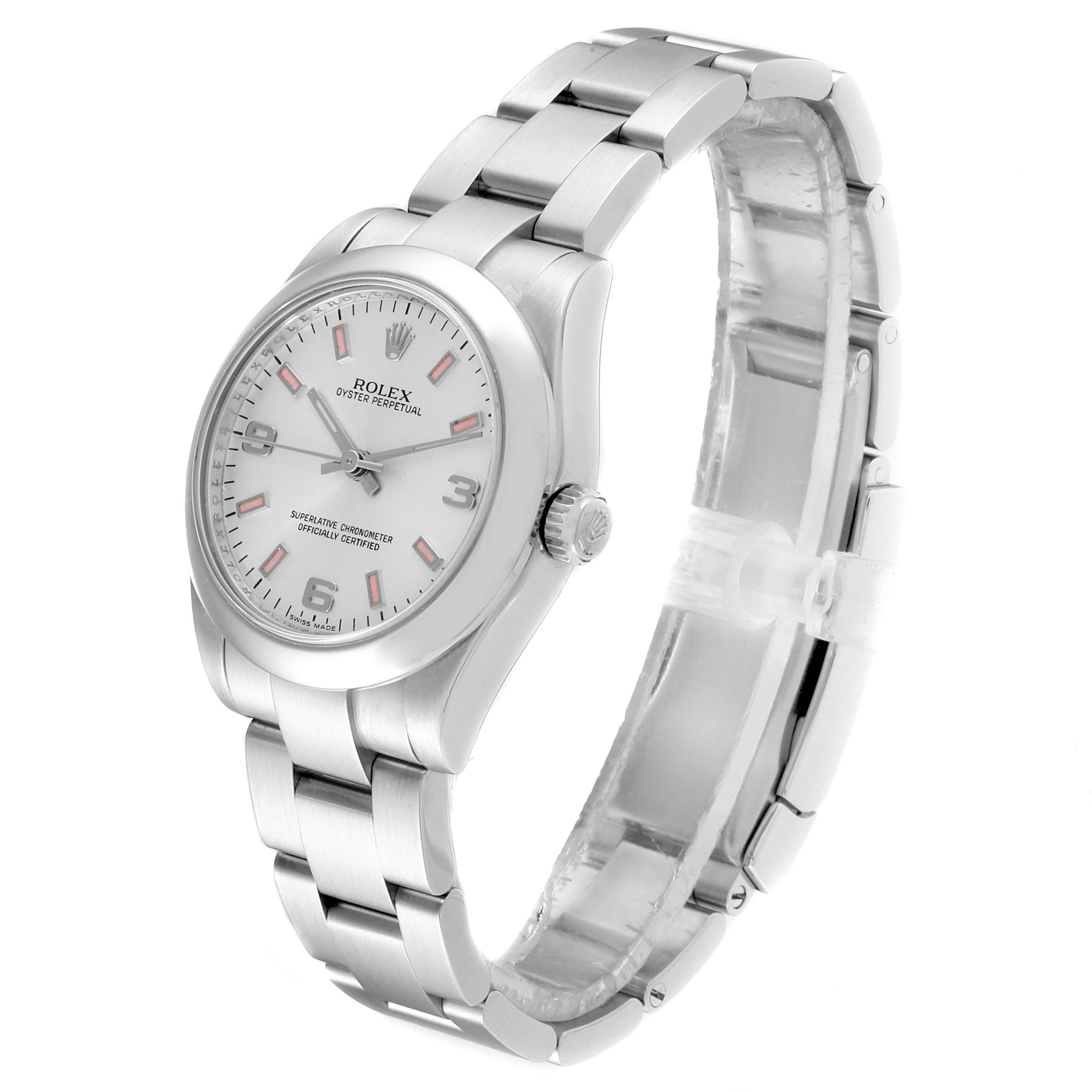 The mid-size Rolex watch is shown at a tilted angle, displaying the face, bezel, crown, and bracelet.