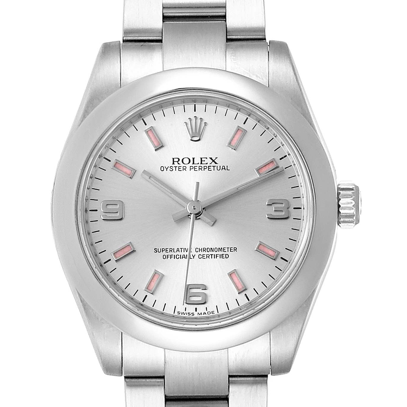 This image shows a front view of the Rolex Oyster Perpetual Mid-Size dial, bezel, case, and part of the bracelet.