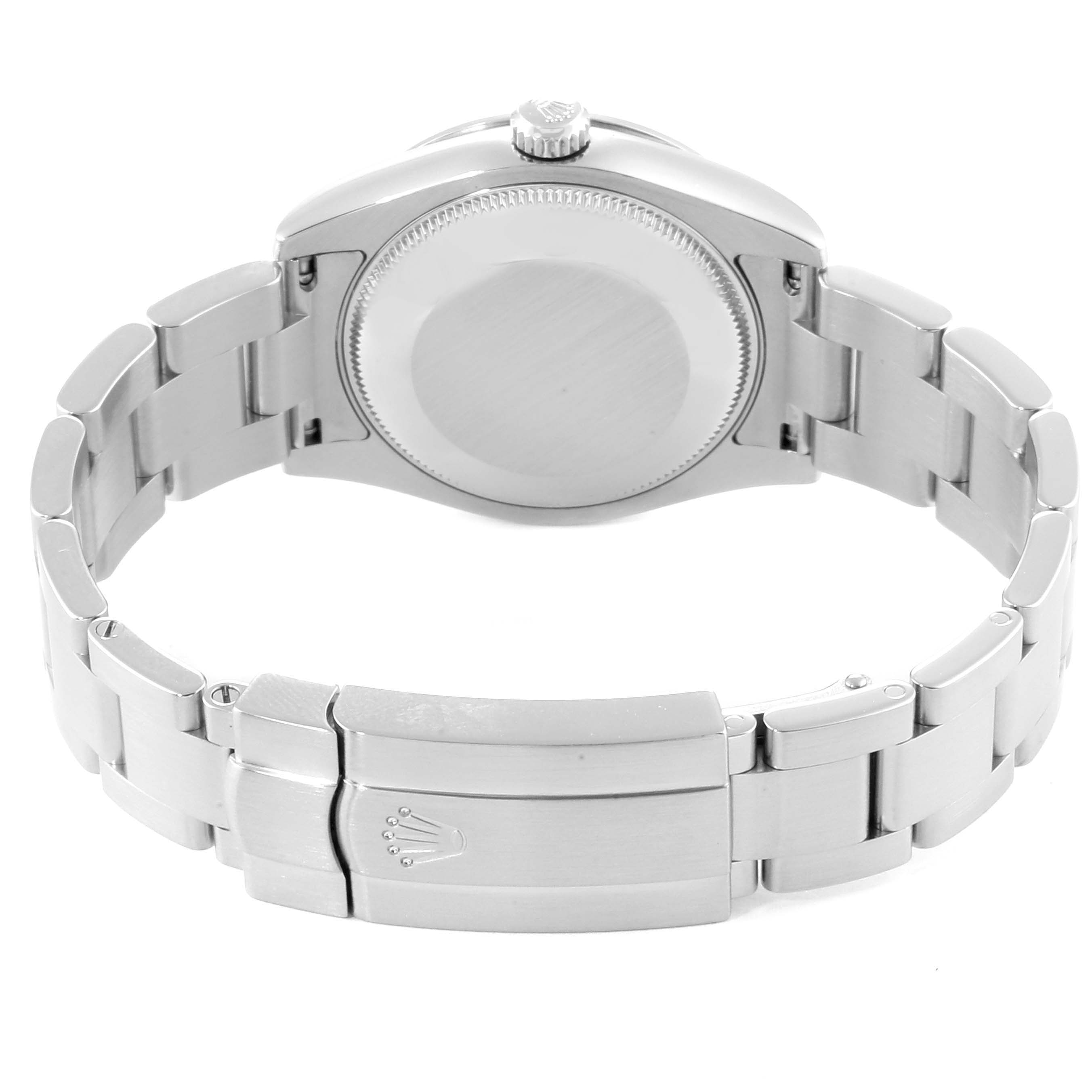 The image shows the back view of a Rolex Mid-Size 177200 Women
s Stainless Steel Silver Dial 177200 Women
s Stainless Steel Silver Dial watch, highlighting the case back and bracelet clasp.