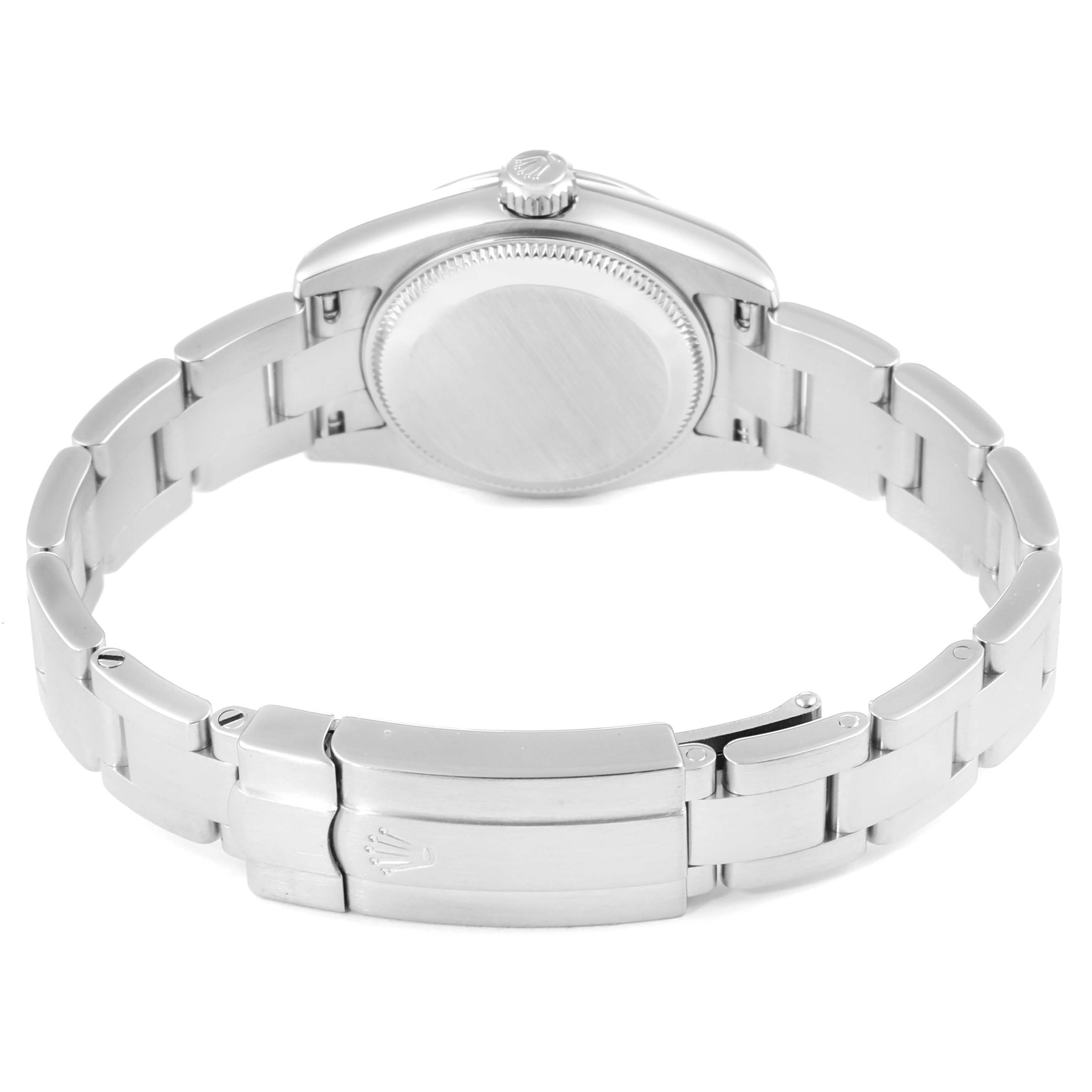 The image shows the back view of a Rolex Oyster Perpetual 176200 Women's Stainless Steel Pink Dial 176200 Women's Stainless Steel Pink Dial watch, highlighting its stainless steel bracelet and clasp.