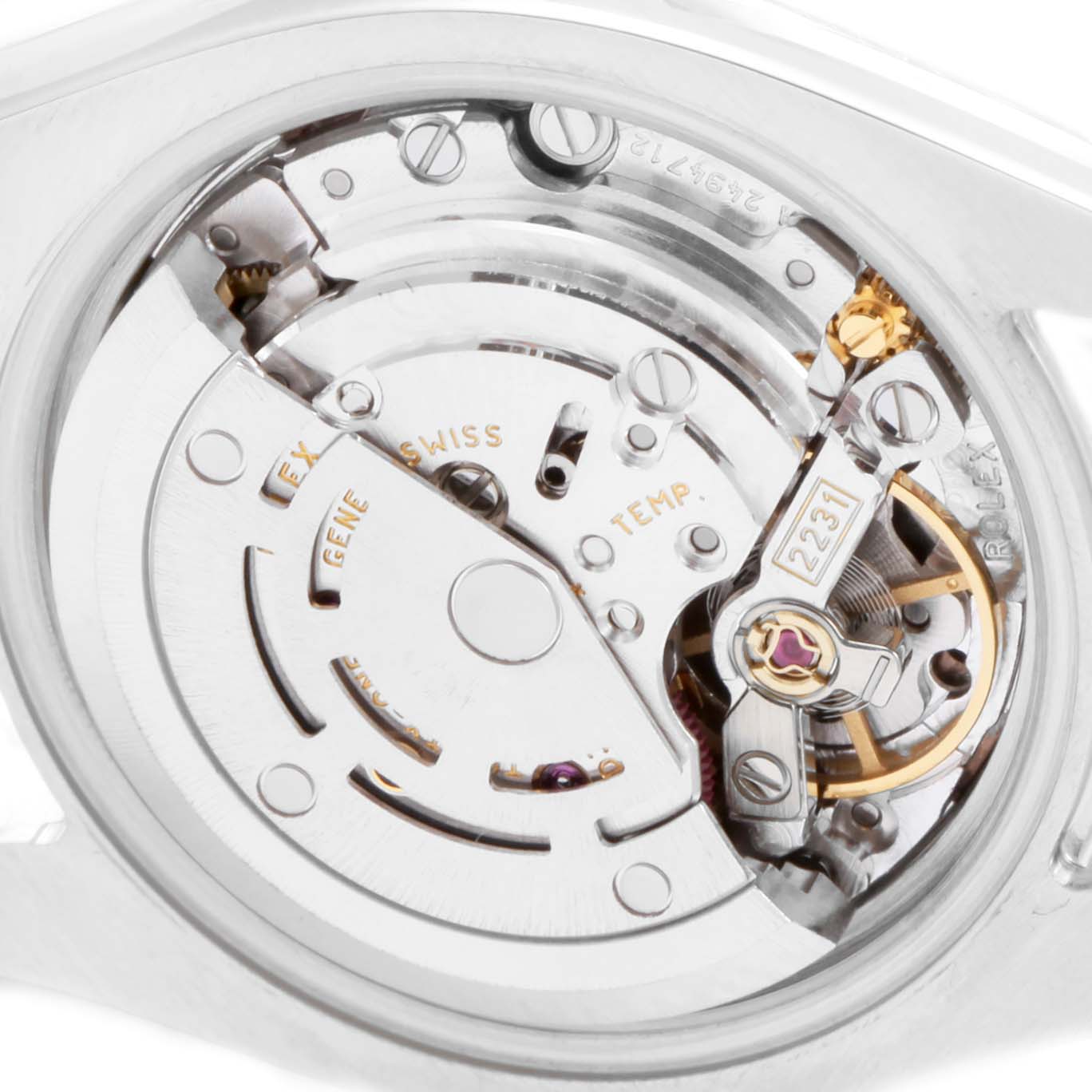 This is a close-up view of the movement mechanism inside a Rolex Oyster Perpetual 176200 Women's Stainless Steel Pink Dial 176200 Women's Stainless Steel Pink Dial watch.