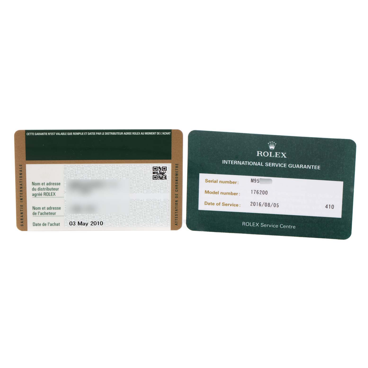 This image shows warranty and service guarantee cards for a Rolex Oyster Perpetual 176200 Women's Stainless Steel Pink Dial 176200 Women's Stainless Steel Pink Dial watch.