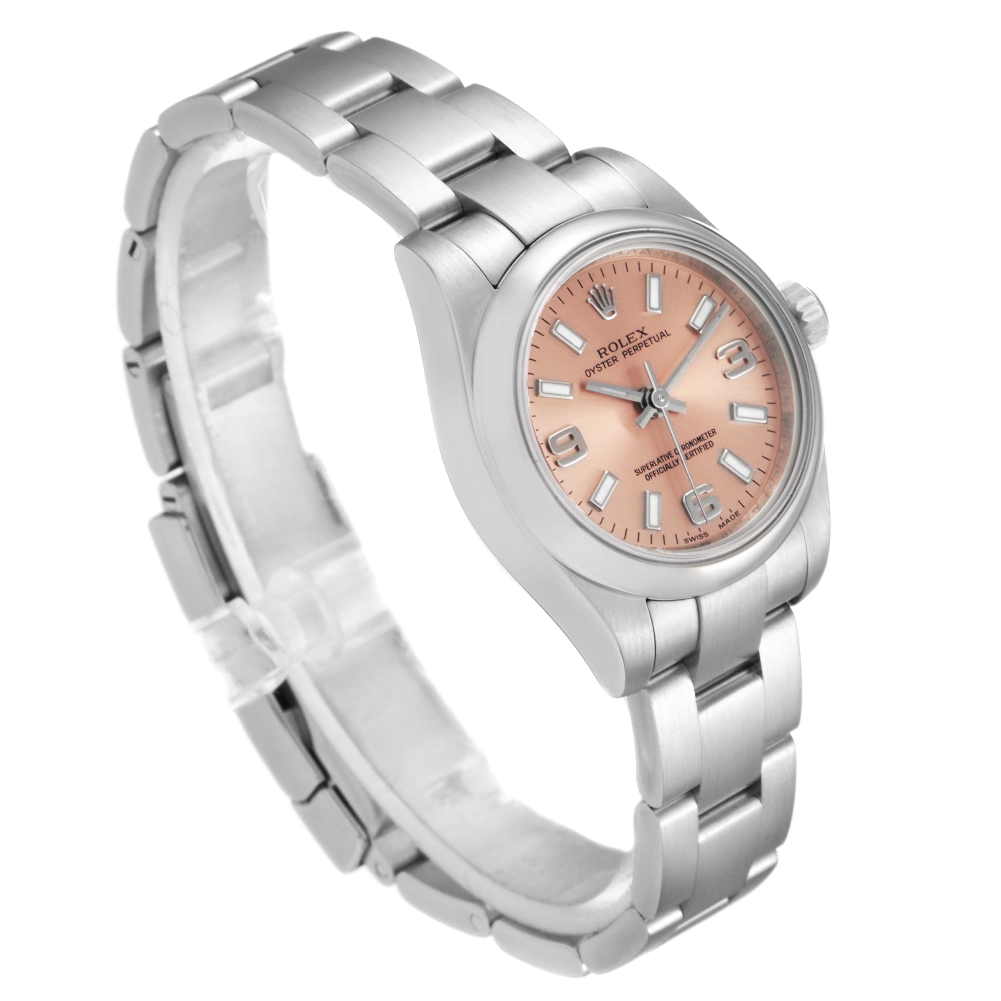 The Rolex Oyster Perpetual 176200 Women's Stainless Steel Pink Dial 176200 Women's Stainless Steel Pink Dial watch is shown at an angle displaying the face, crown, and stainless steel bracelet.