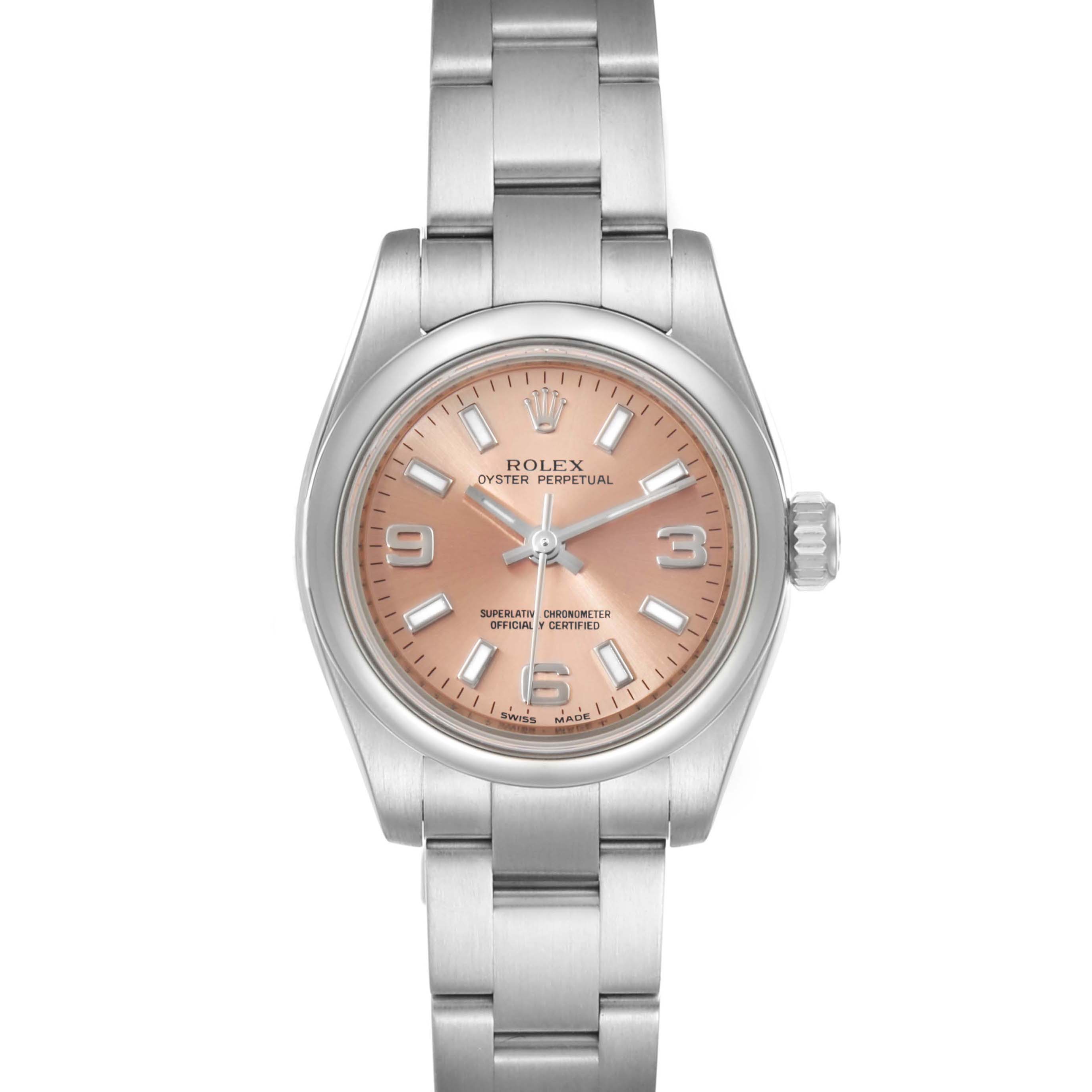 The image shows a front-facing view of a Rolex Oyster Perpetual 176200 Women's Stainless Steel Pink Dial 176200 Women's Stainless Steel Pink Dial watch with a pink dial and stainless steel bracelet.