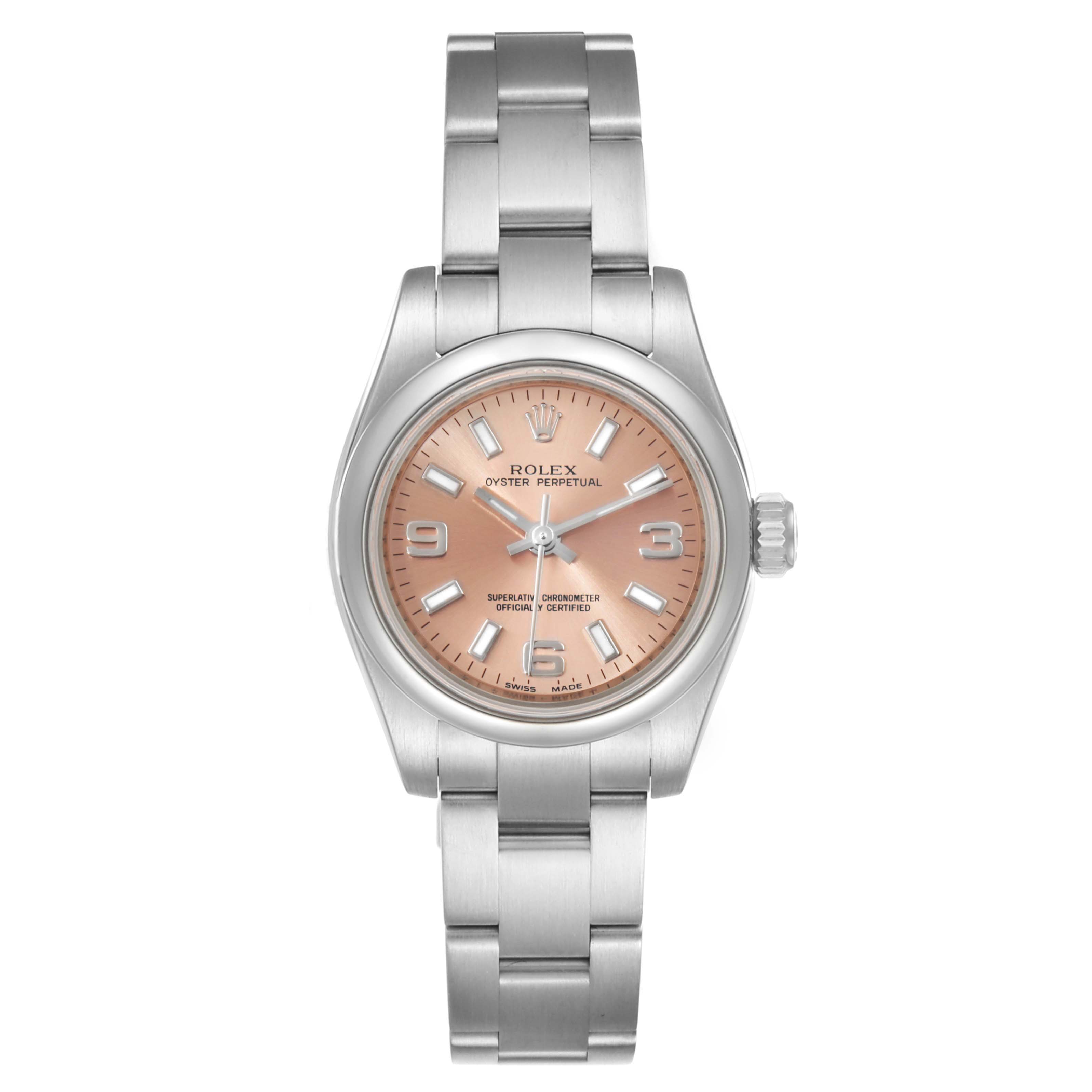 The image shows a full frontal view of a Rolex Oyster Perpetual 176200 Women's Stainless Steel Pink Dial 176200 Women's Stainless Steel Pink Dial watch, displaying the dial, hands, and metal bracelet.