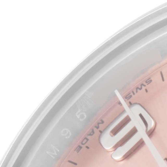 This image shows a close-up view of the dial and number 9 marker on a Rolex Oyster Perpetual 176200 Women's Stainless Steel Pink Dial 176200 Women's Stainless Steel Pink Dial watch.