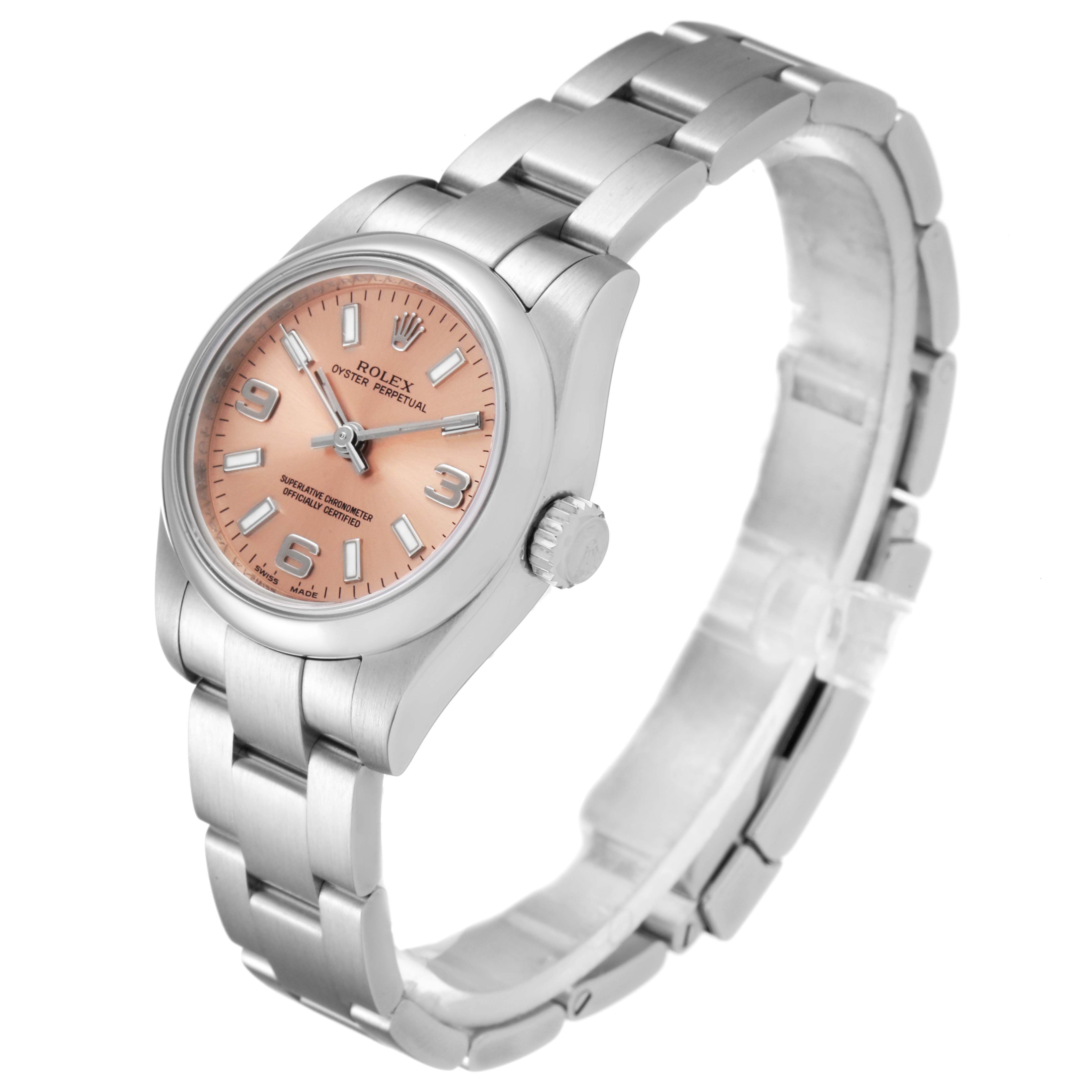 The image shows a side angle of a Rolex Oyster Perpetual 176200 Women's Stainless Steel Pink Dial 176200 Women's Stainless Steel Pink Dial watch with a pink dial and stainless steel bracelet.