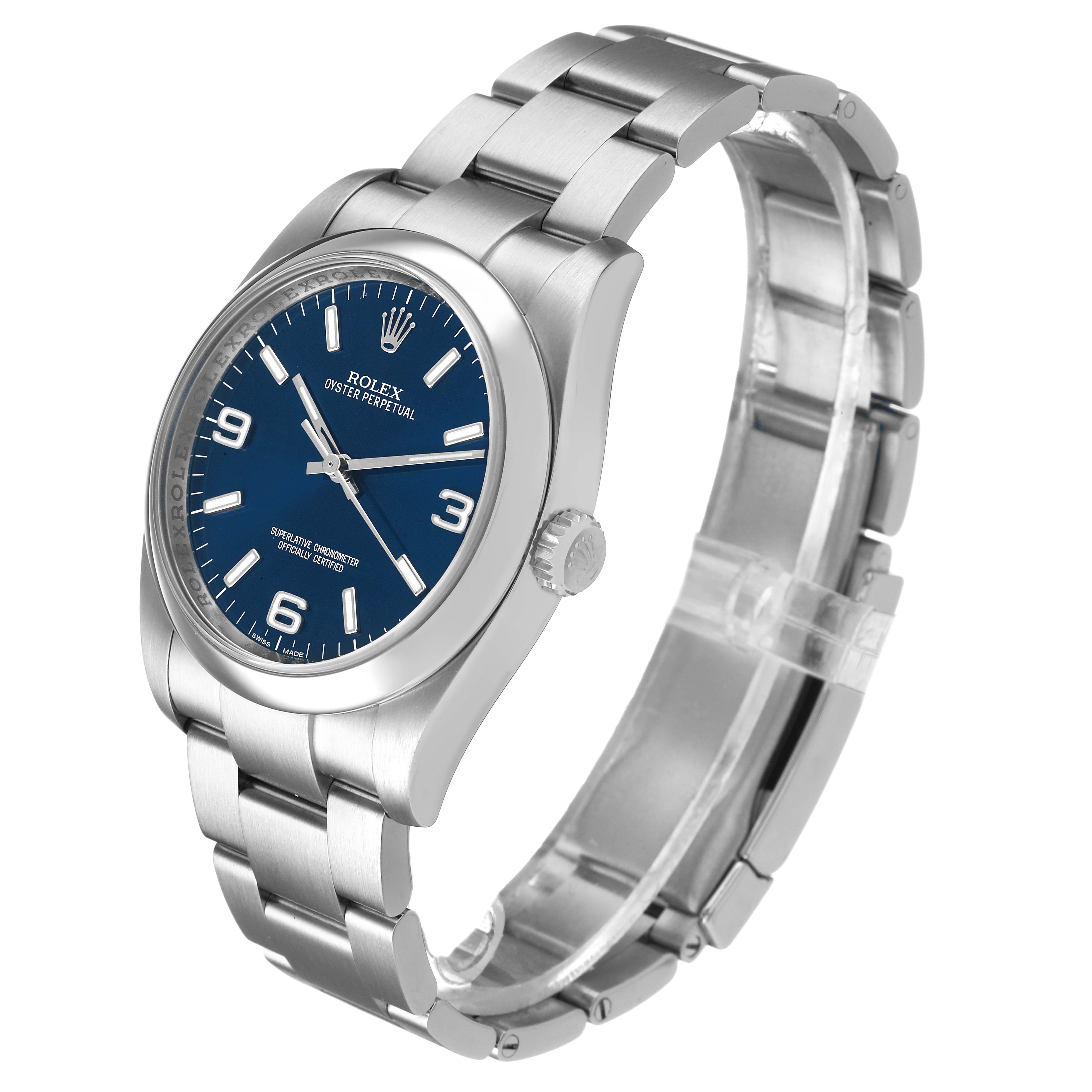 The Rolex Oyster Perpetual 116000 Men's Stainless Steel Blue Dial watch is shown at a three-quarter angle, highlighting the dial, bezel, crown, and bracelet.
