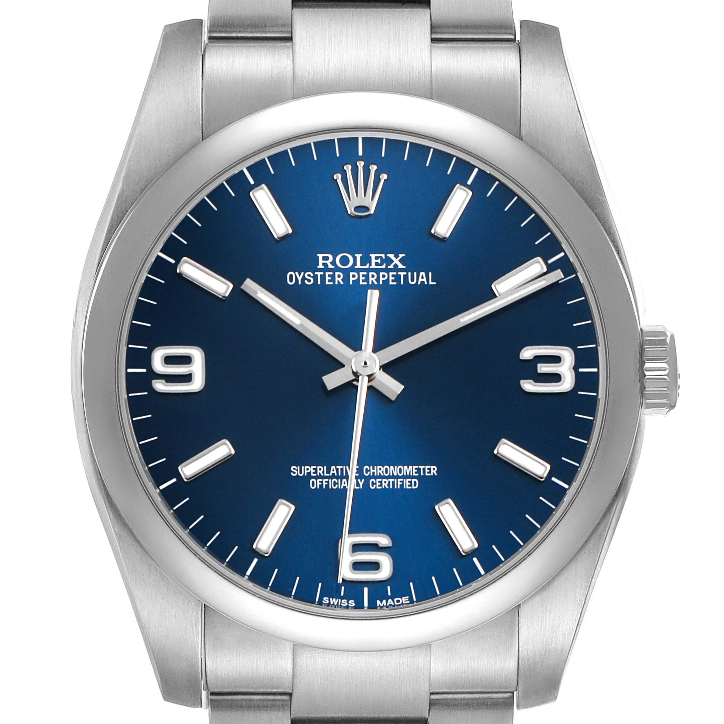 The Rolex Oyster Perpetual 116000 Men's Stainless Steel Blue Dial watch is shown from the front, highlighting its blue dial, hour markers, hands, and crown.
