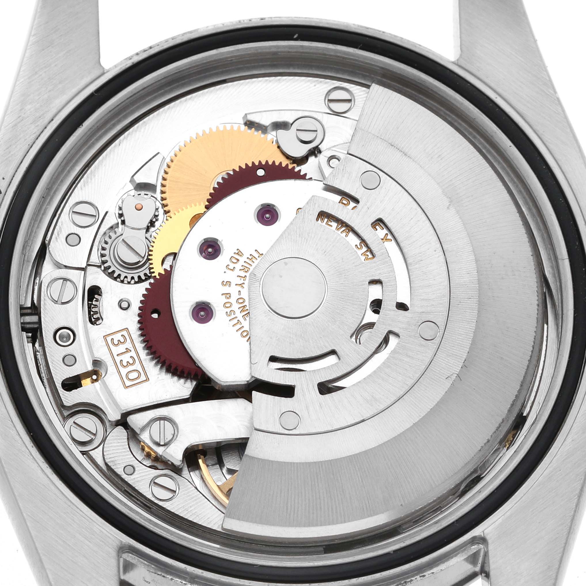 The image shows the movement mechanism of a Rolex Oyster Perpetual 116000 Men's Stainless Steel Blue Dial from a top-down angle.