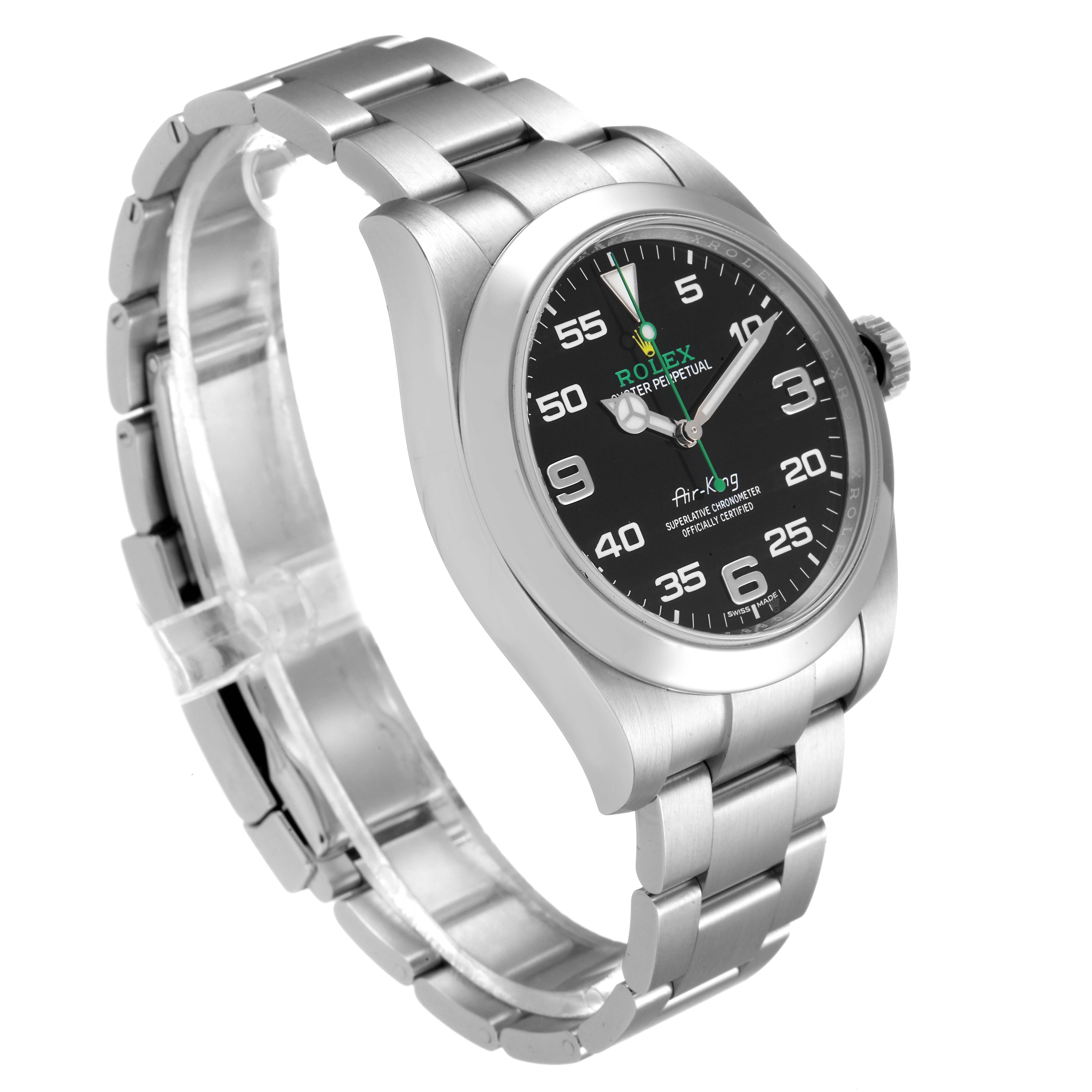 The image shows a side angle view of a Rolex Air-King 116900 Men's Stainless Steel Black Dial 116900 Men's Stainless Steel Black Dial watch, highlighting the bracelet, case, and face.