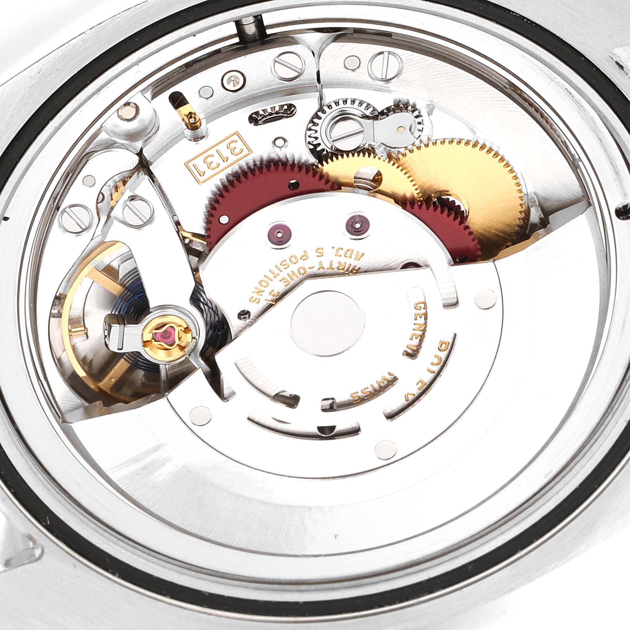 This is a close-up view of the movement mechanism inside a Rolex Air-King 116900 Men's Stainless Steel Black Dial 116900 Men's Stainless Steel Black Dial watch, showcasing gears and components.