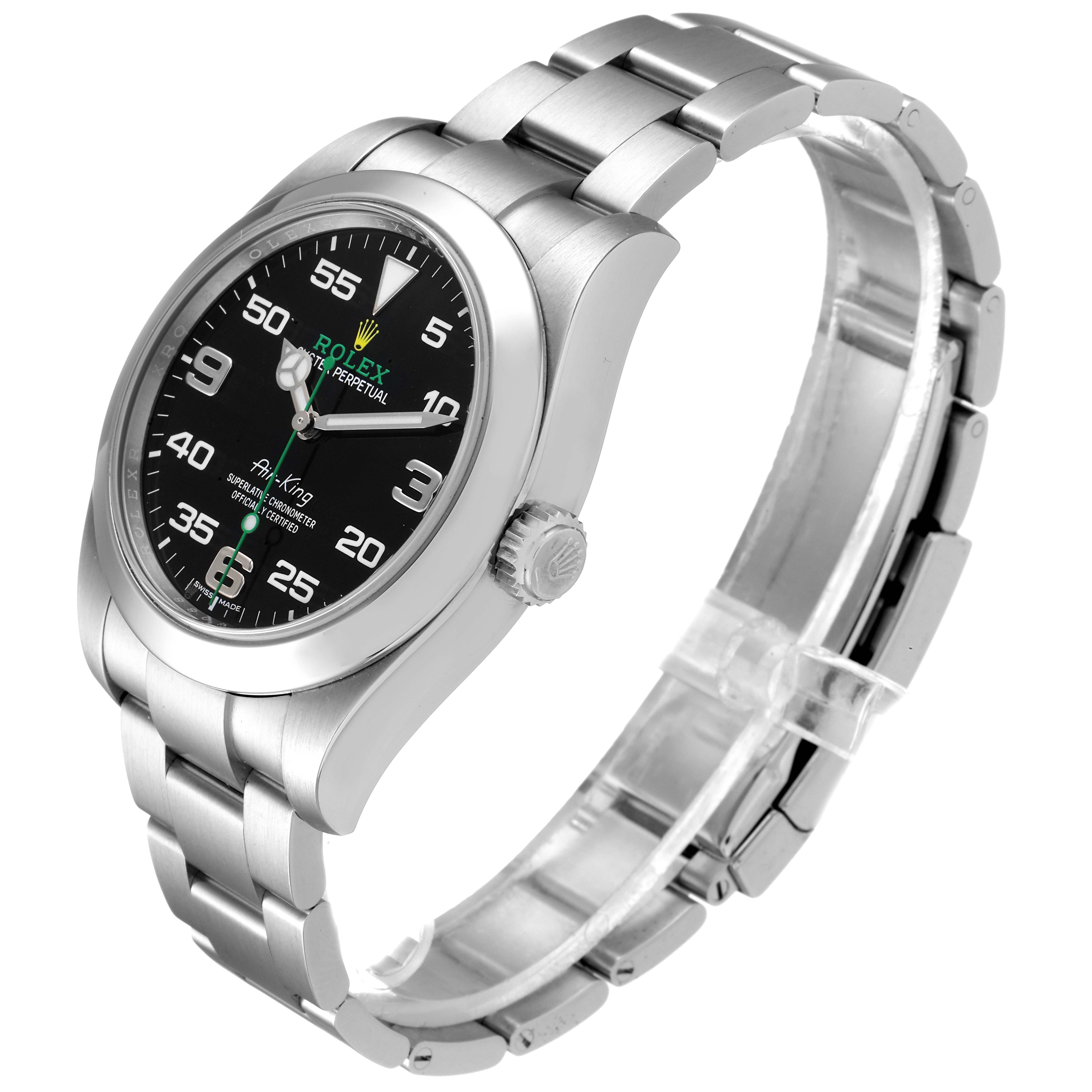 This Rolex Air-King 116900 Men's Stainless Steel Black Dial 116900 Men's Stainless Steel Black Dial watch is shown at a slight angle highlighting the face, bezel, crown, and stainless steel bracelet.