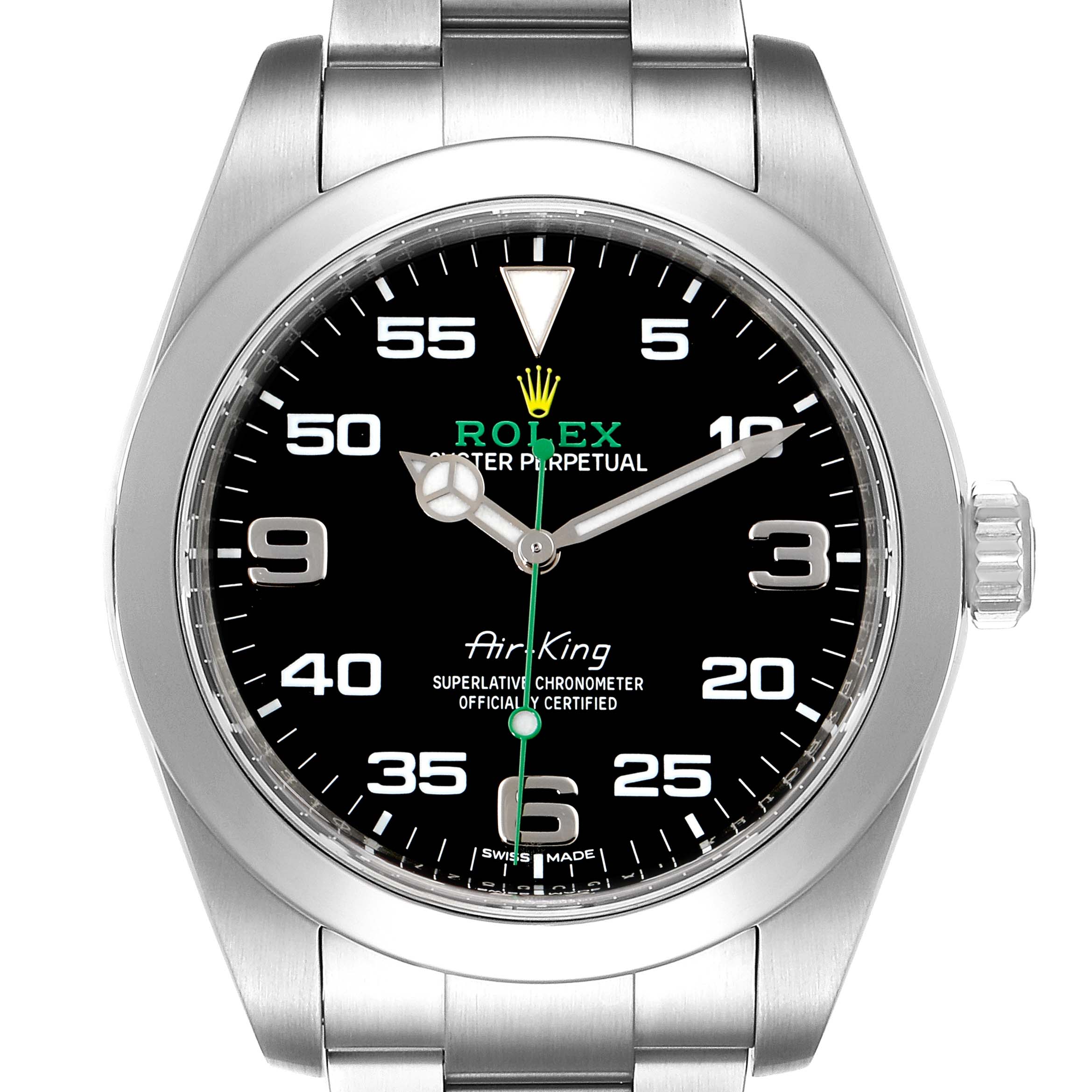 This image shows a front view of the Rolex Air-King 116900 Men's Stainless Steel Black Dial 116900 Men's Stainless Steel Black Dial watch, highlighting its dial, bezel, and a portion of the bracelet.