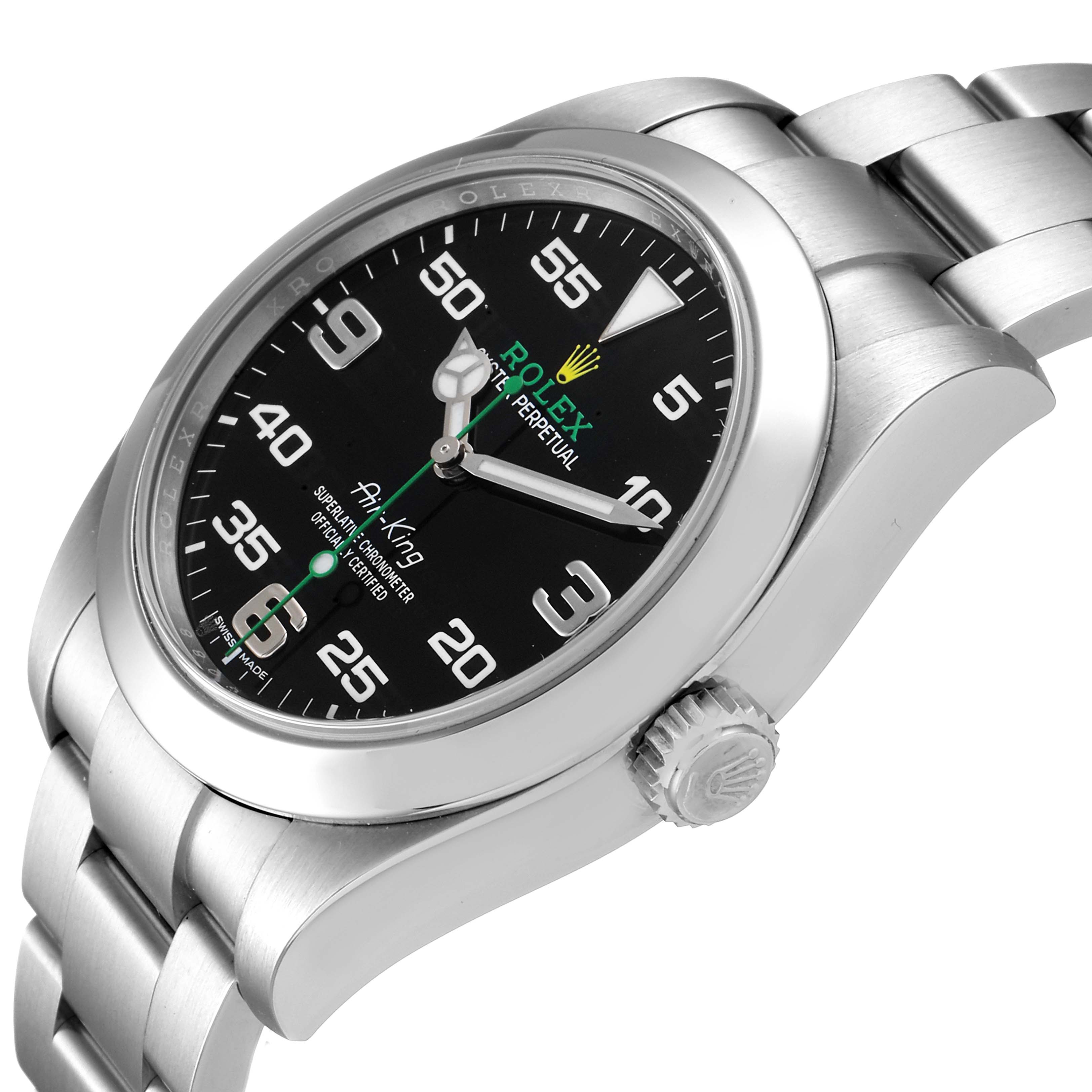 The image shows a side and frontal angle of the Rolex Air-King 116900 Men's Stainless Steel Black Dial 116900 Men's Stainless Steel Black Dial watch, highlighting its bezel, crown, and part of the bracelet.