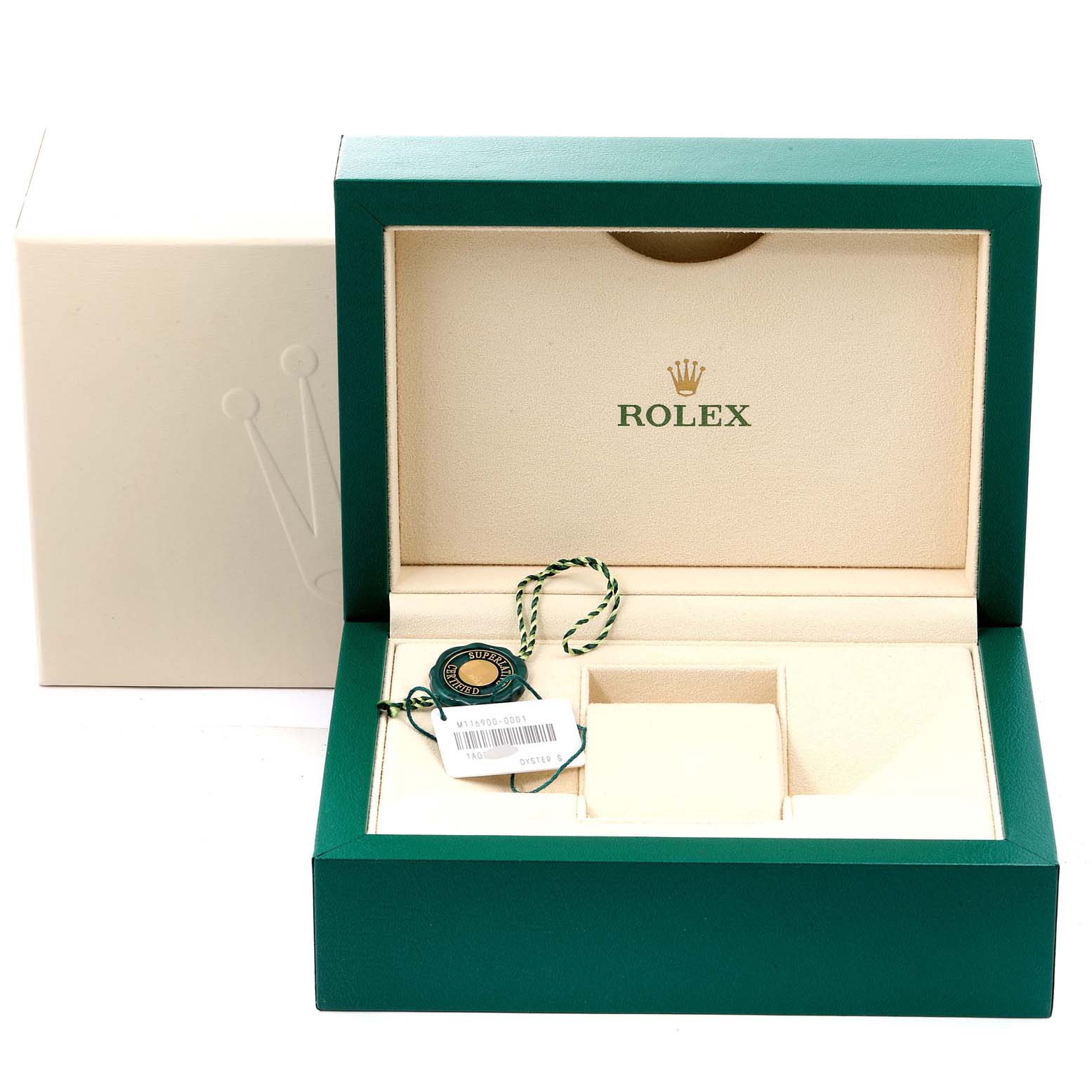 The image shows the open box of a Rolex Air-King 116900 Men's Stainless Steel Black Dial 116900 Men's Stainless Steel Black Dial watch, revealing the inner compartments and accessories.