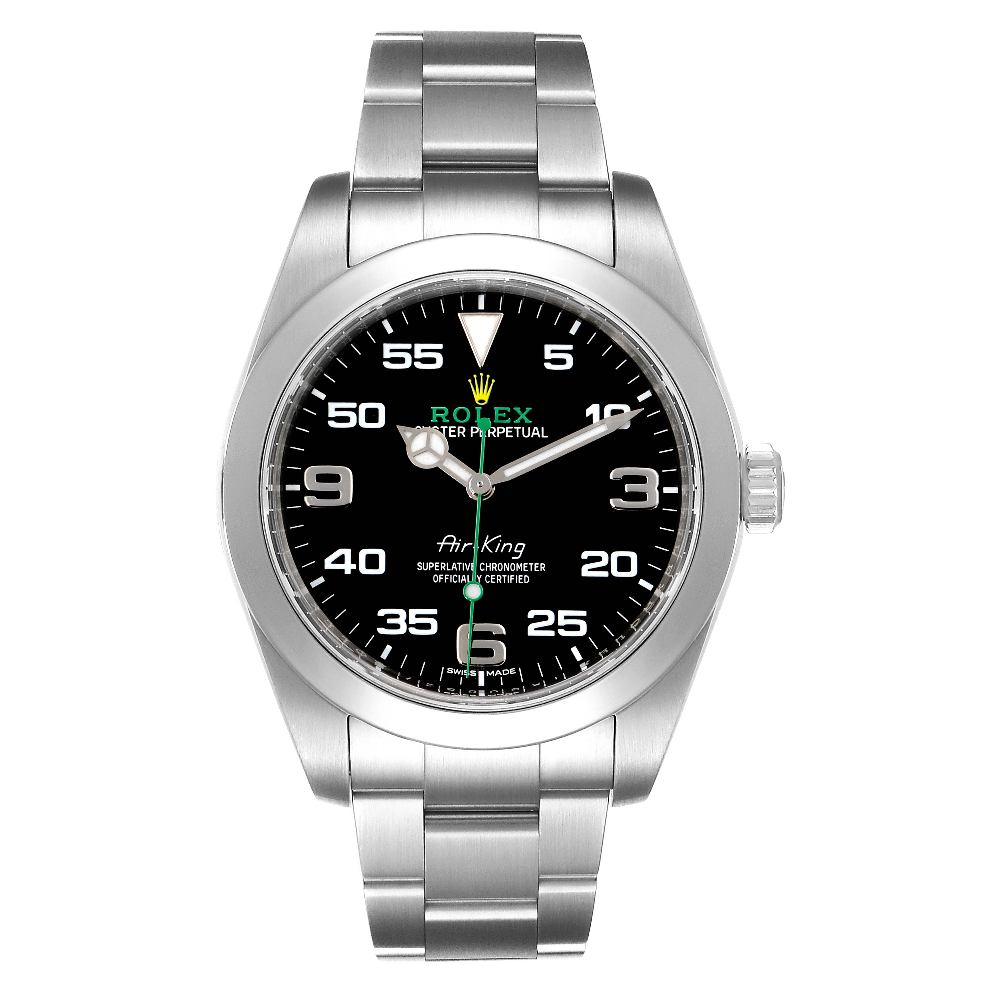 This is a frontal view of the Rolex Air-King 116900 Men's Stainless Steel Black Dial 116900 Men's Stainless Steel Black Dial watch showing the dial, hands, crown, and bracelet.