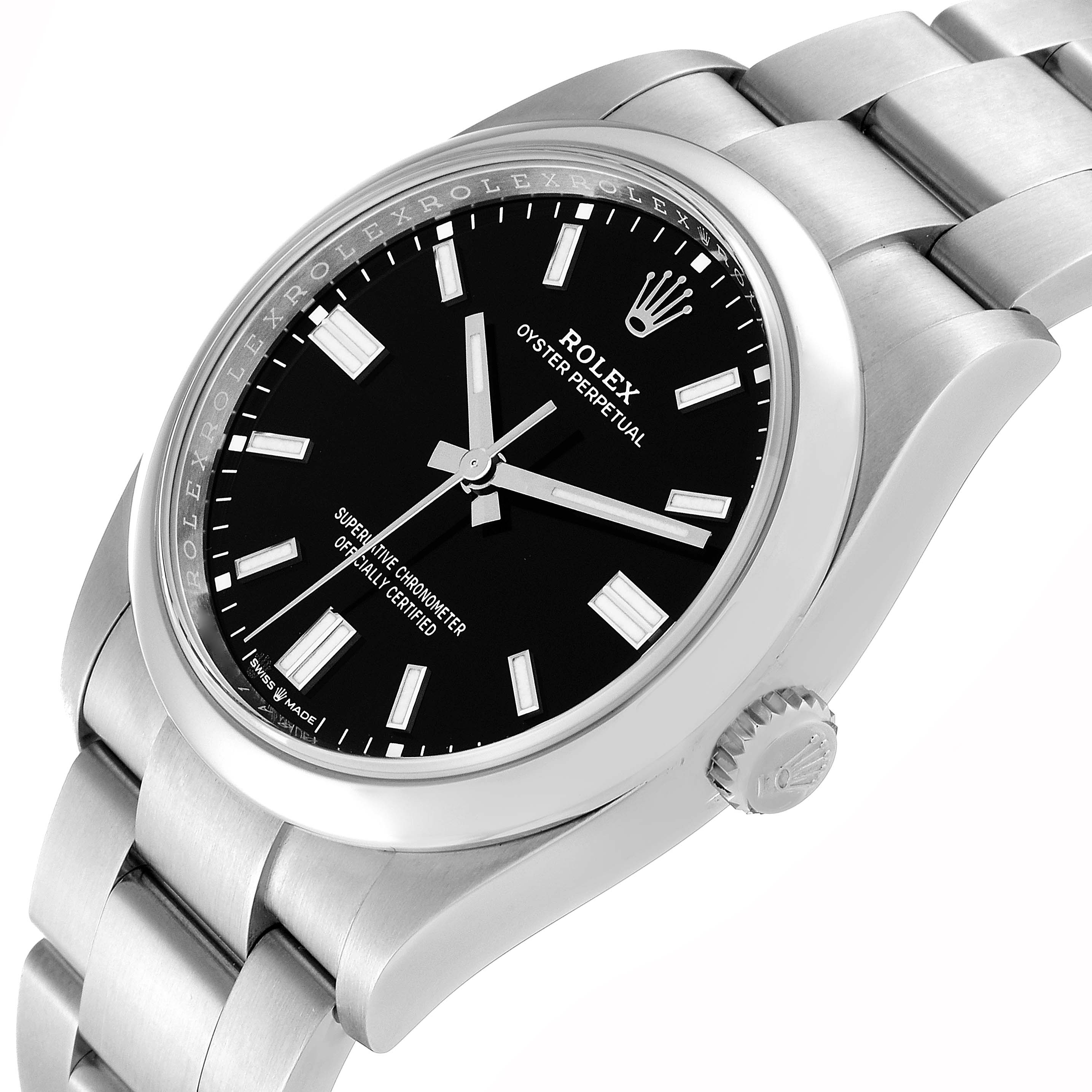 The Rolex Oyster Perpetual 126000 Men
s Stainless Steel Black Dial 126000 Men
s Stainless Steel Black Dial watch is shown at an angled view, highlighting the black dial, stainless steel bracelet, and crown.