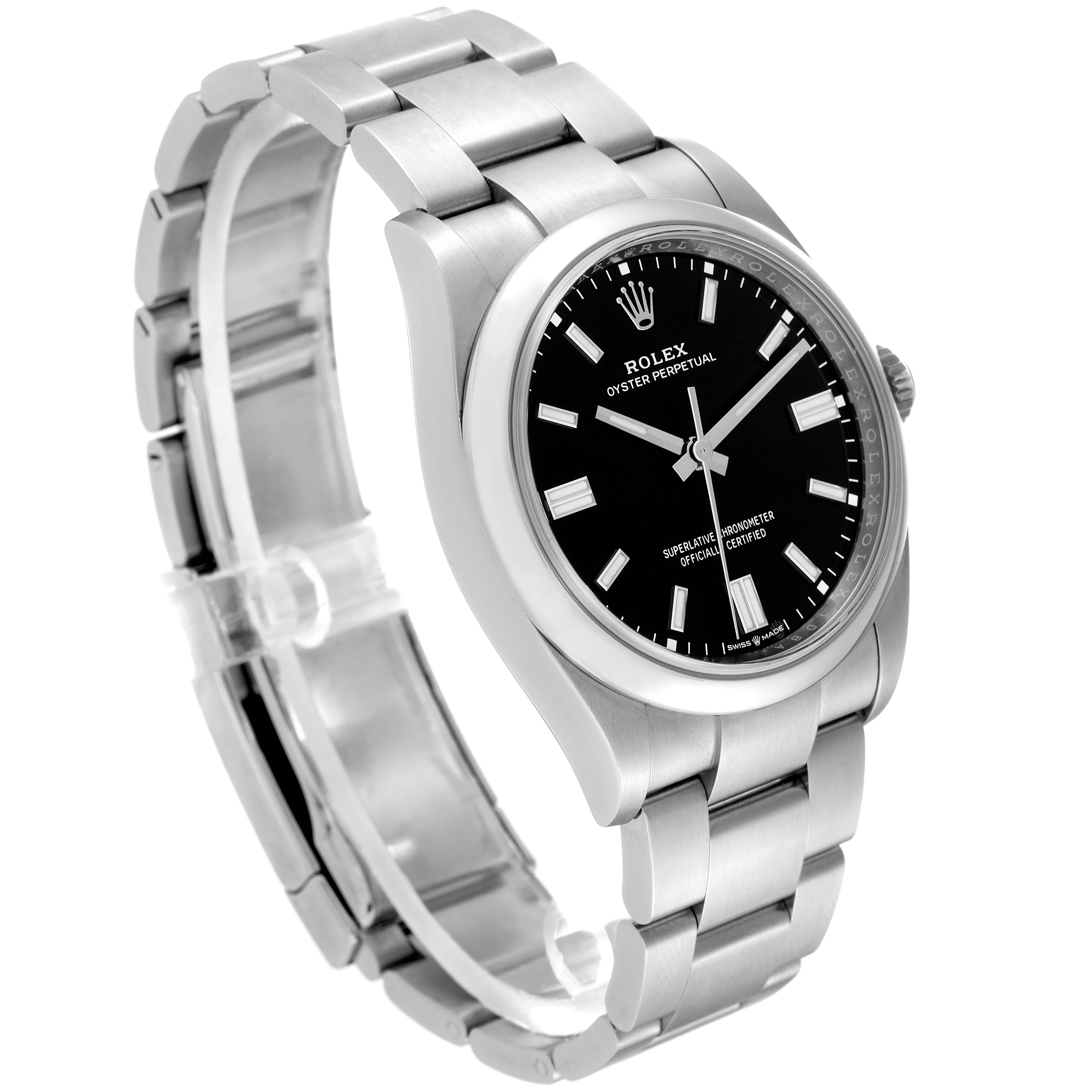 The image shows a side angle of a Rolex Oyster Perpetual 126000 Men
s Stainless Steel Black Dial 126000 Men
s Stainless Steel Black Dial watch, highlighting the face, bezel, and bracelet.
