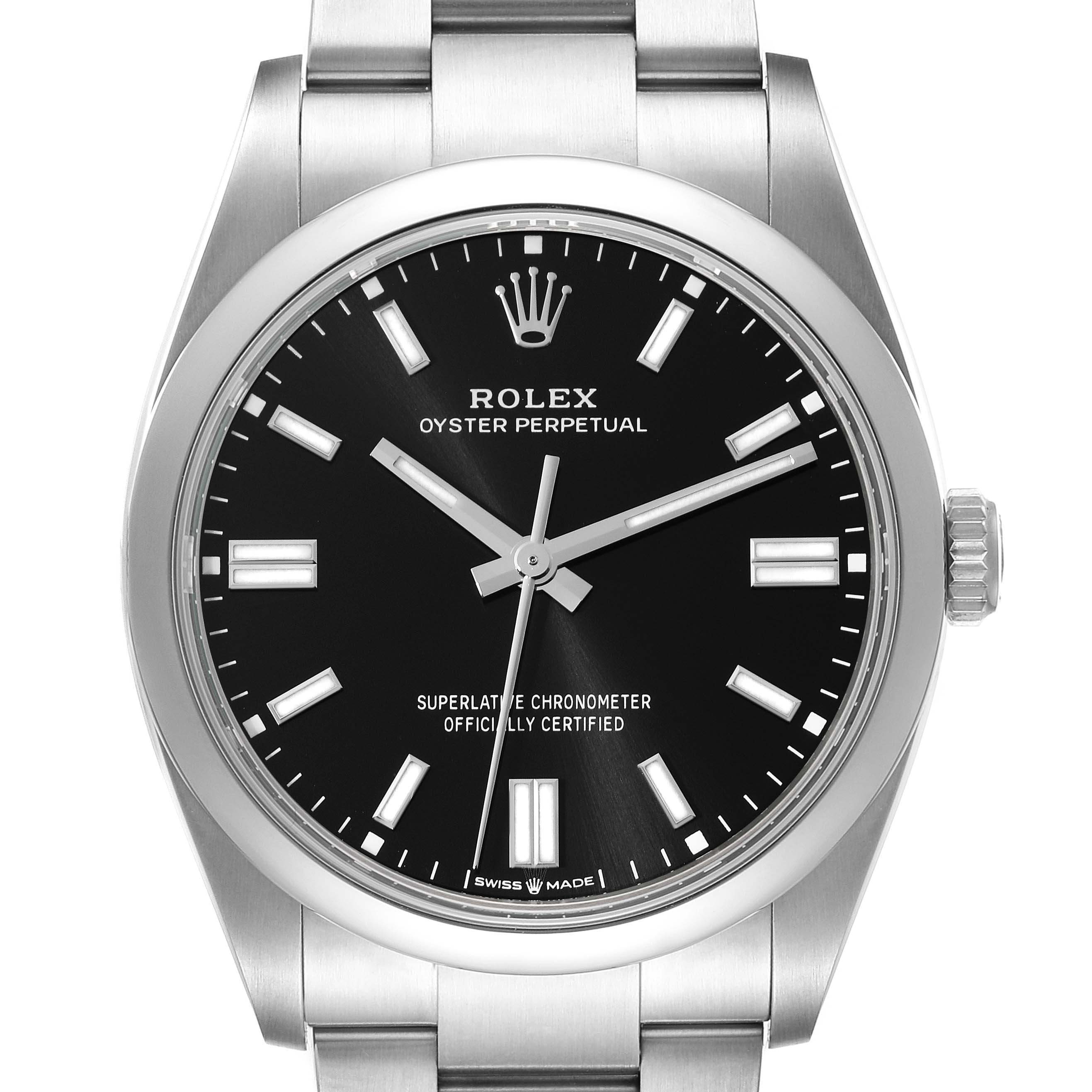This image shows a front view of a Rolex Oyster Perpetual 126000 Men
s Stainless Steel Black Dial 126000 Men
s Stainless Steel Black Dial watch, highlighting its black dial, indices, and stainless steel bracelet.