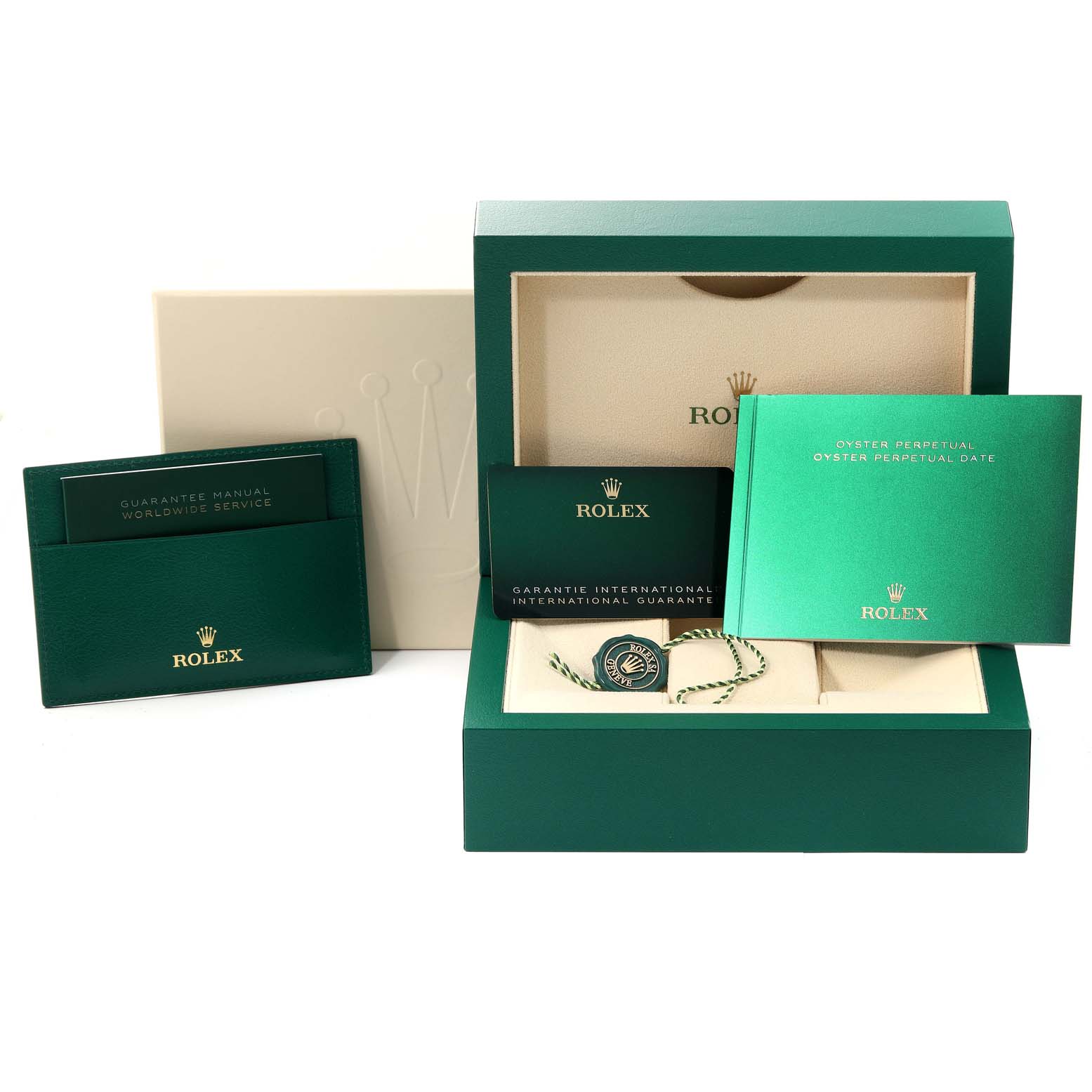 The image shows a Rolex Oyster Perpetual 126000 Men
s Stainless Steel Black Dial 126000 Men
s Stainless Steel Black Dial watch box, manuals, guarantee card, and a tag.