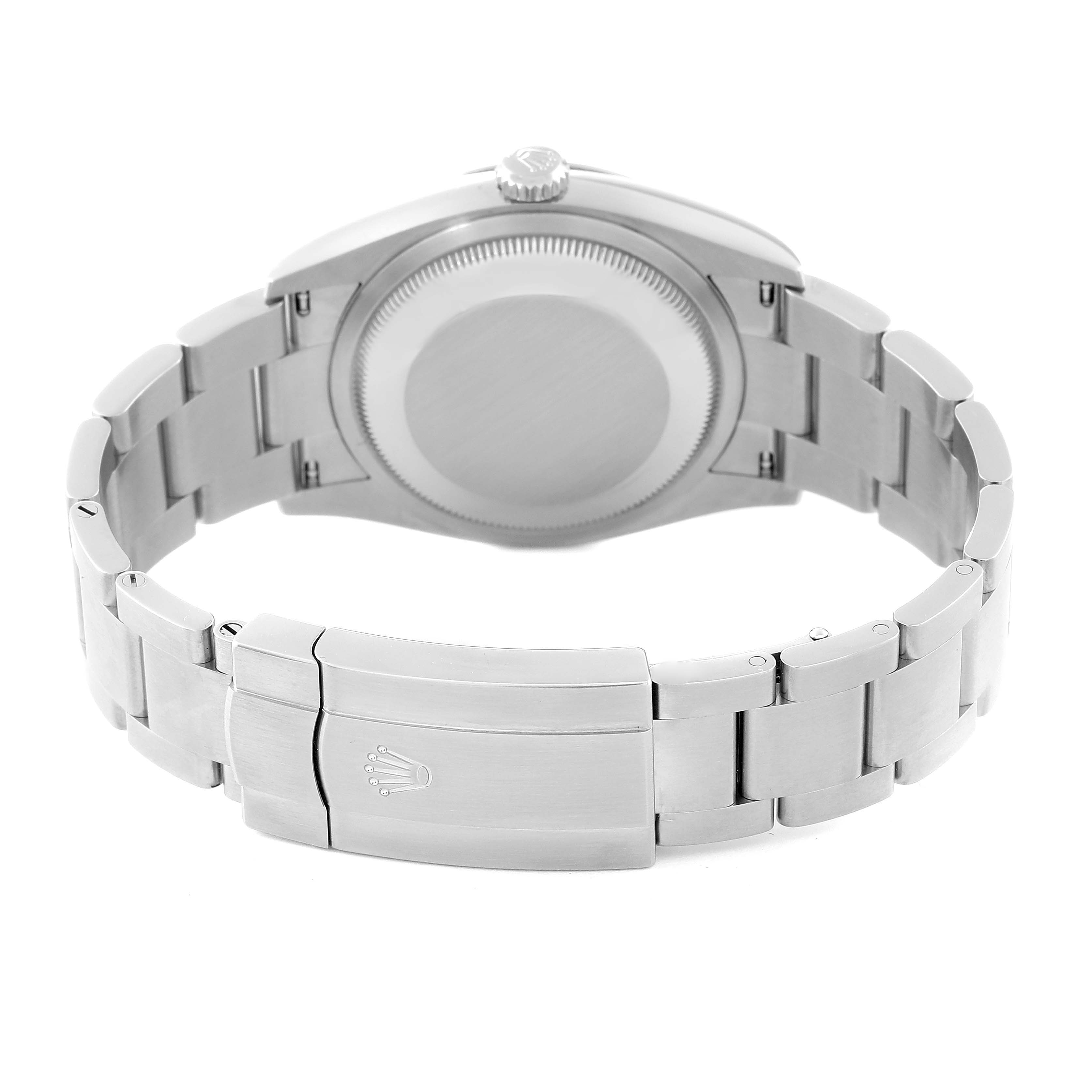 The image shows the back view of the Rolex Oyster Perpetual 126000 Men
s Stainless Steel Black Dial 126000 Men
s Stainless Steel Black Dial watch, focusing on the bracelet and clasp.