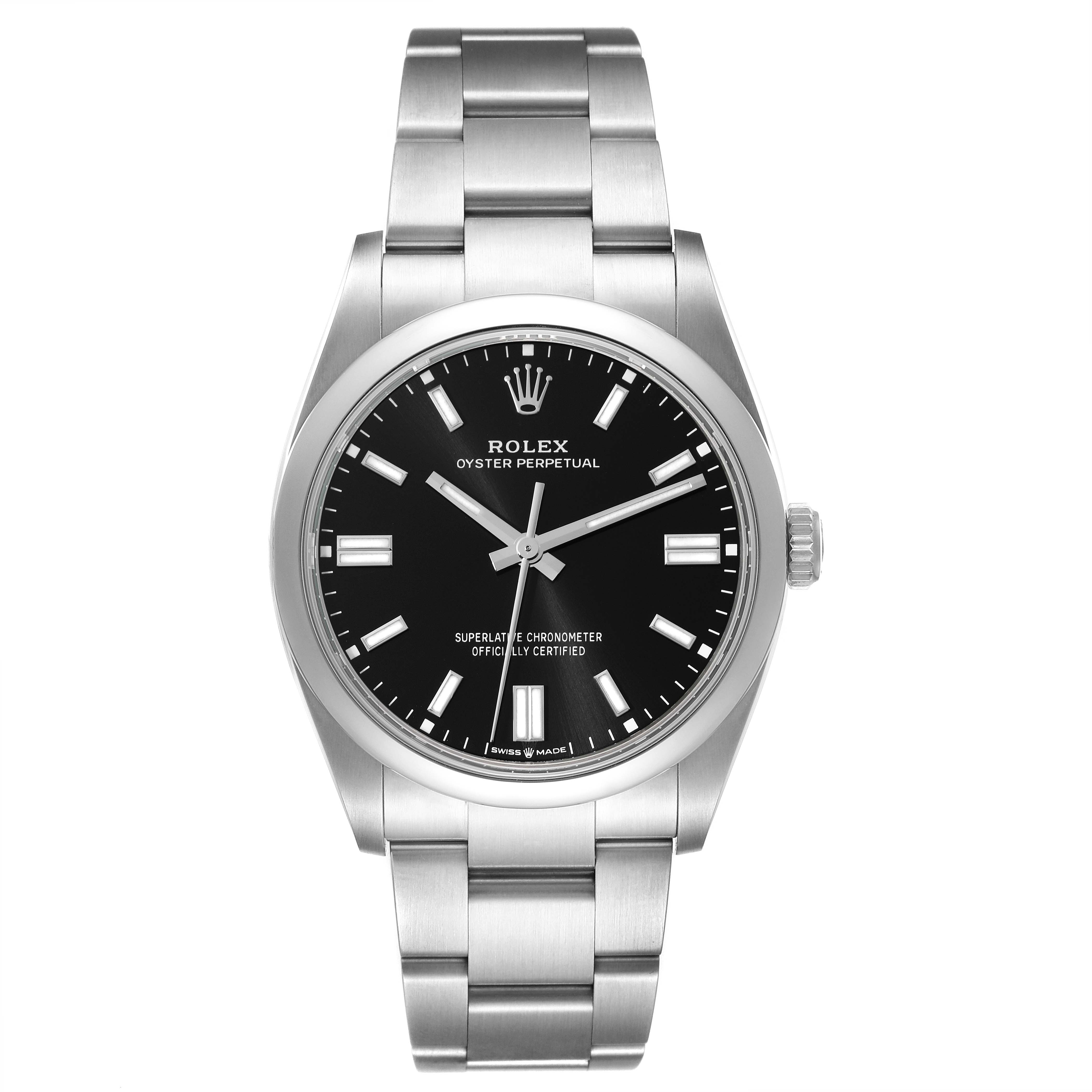 The image shows a Rolex Oyster Perpetual 126000 Men
s Stainless Steel Black Dial 126000 Men
s Stainless Steel Black Dial watch from a front angle, displaying the face, bezel, and bracelet.