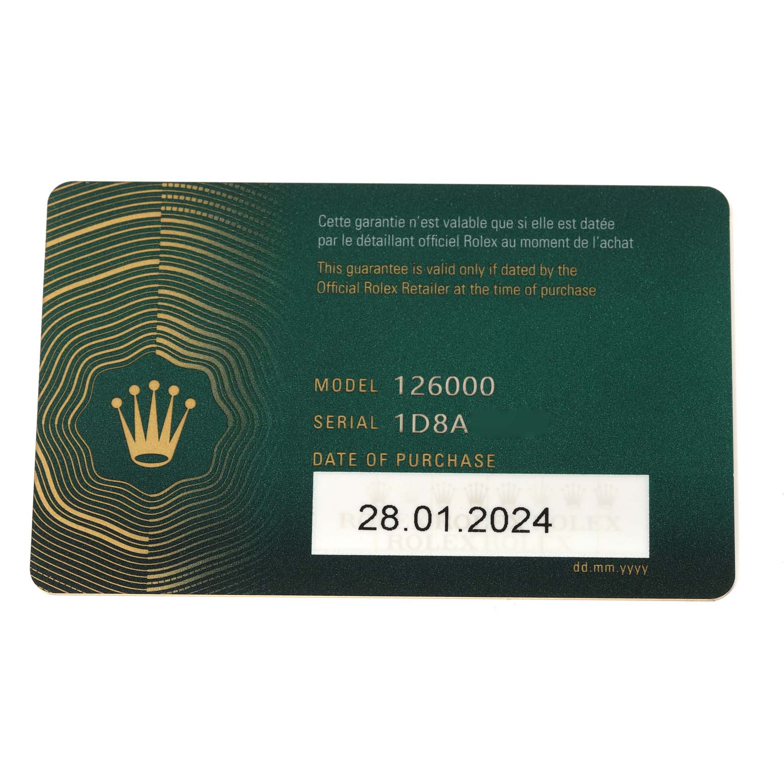 The image shows a guarantee card for the Rolex Oyster Perpetual 126000 Men
s Stainless Steel Black Dial 126000 Men
s Stainless Steel Black Dial model 126000, displaying the model number, serial number, and date of purchase.