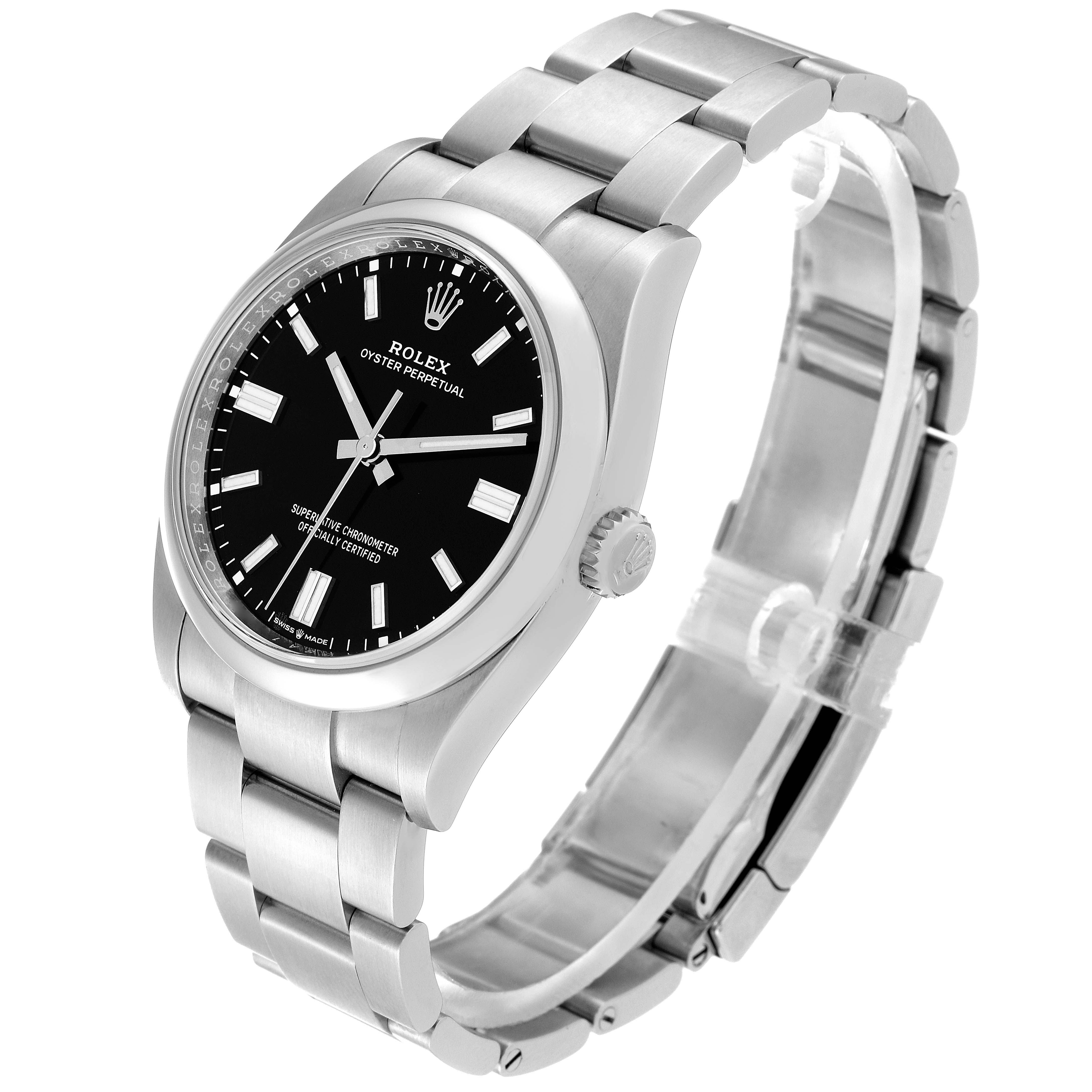 The image shows a Rolex Oyster Perpetual 126000 Men
s Stainless Steel Black Dial 126000 Men
s Stainless Steel Black Dial watch at a three-quarter angle, highlighting the face, crown, and bracelet.