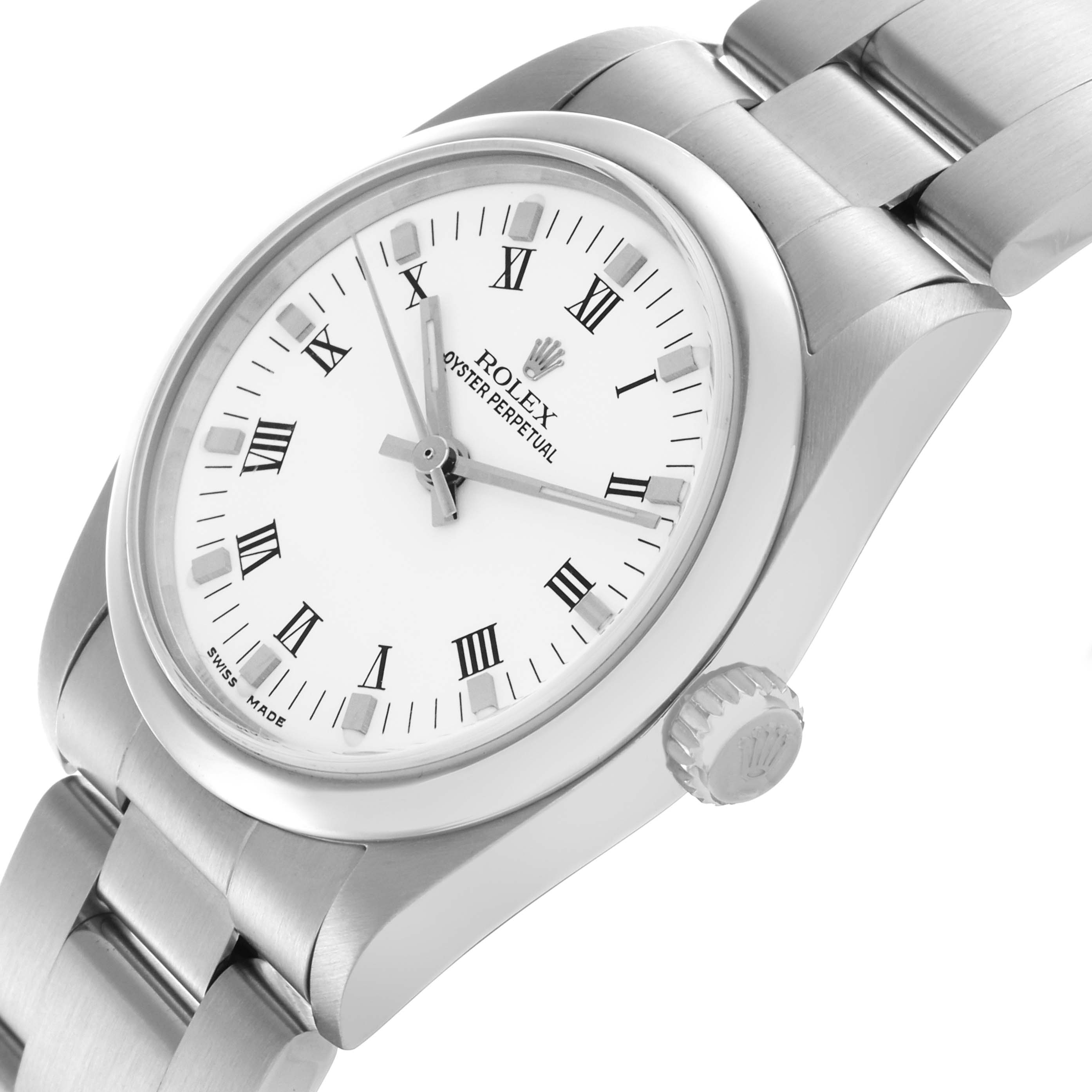 The image shows a Rolex Mid-Size 77080 Women's Stainless Steel White Dial 77080 Women's Stainless Steel White Dial watch at an angled side view displaying the dial, bezel, crown, and part of the bracelet.