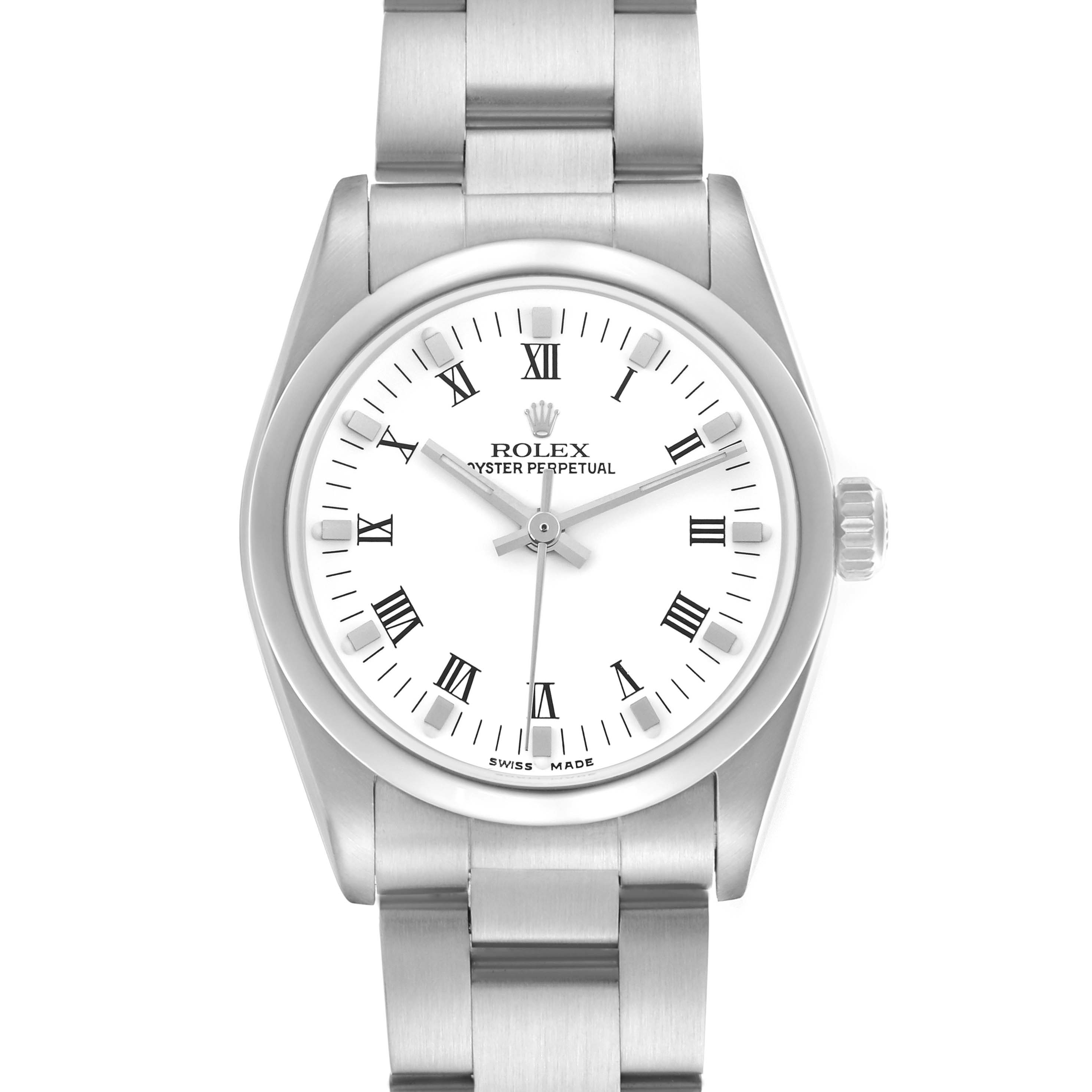 The image shows the Rolex Mid-Size 77080 Women's Stainless Steel White Dial 77080 Women's Stainless Steel White Dial model watch from a front angle, highlighting the dial, hands, bezel, and bracelet.