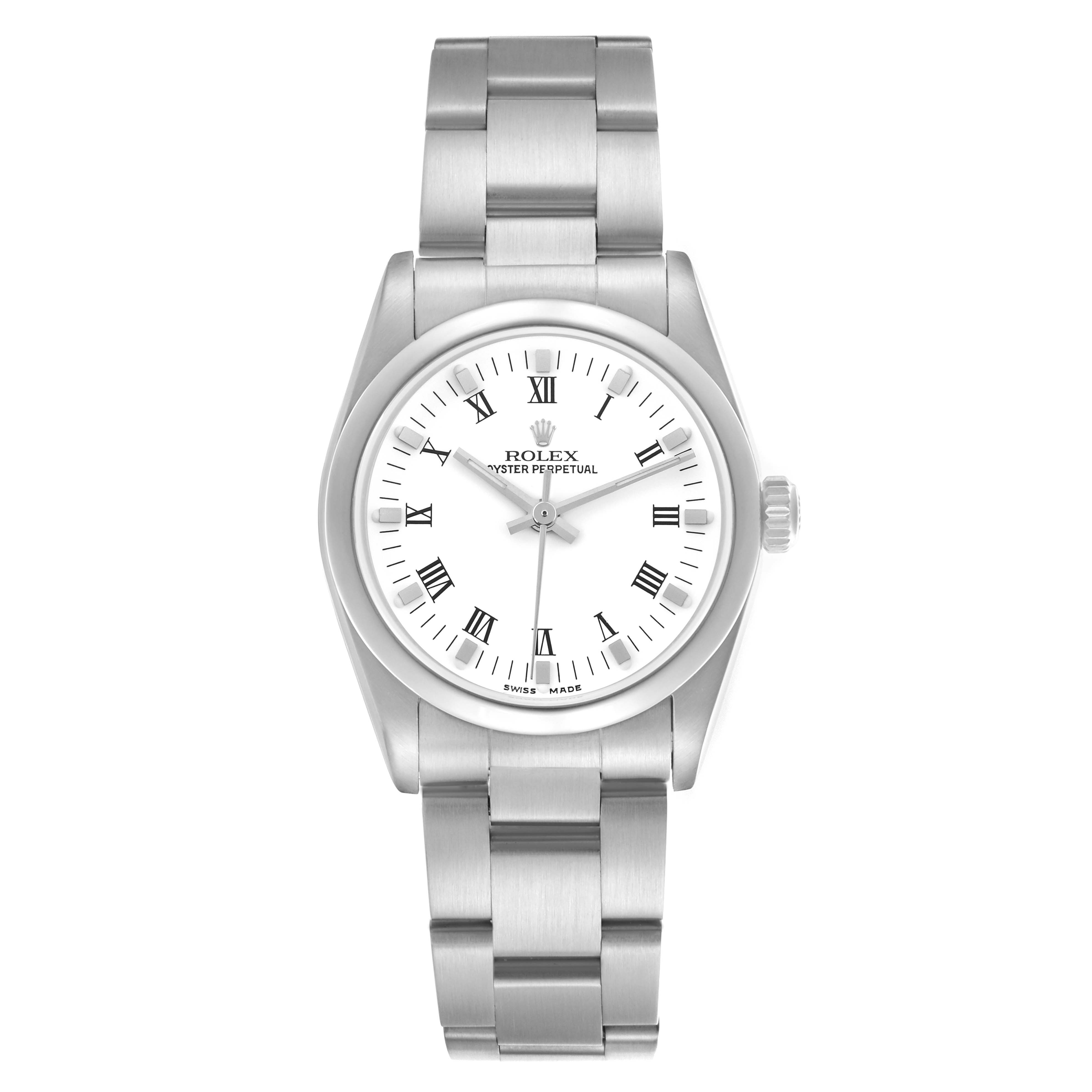 The Rolex Mid-Size 77080 Women's Stainless Steel White Dial 77080 Women's Stainless Steel White Dial model watch is shown from a front angle, highlighting the dial, case, bezel, crown, and bracelet.