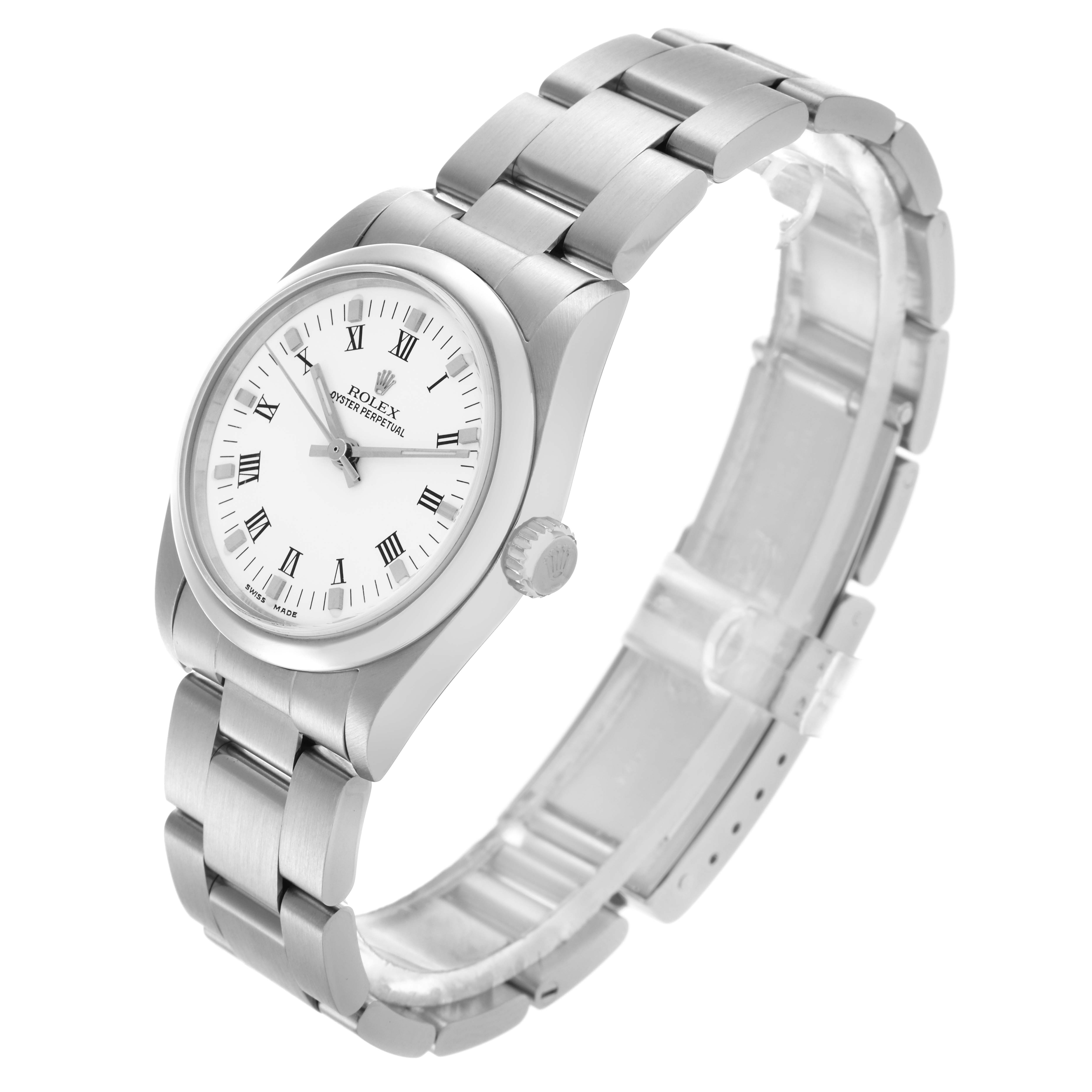 The Rolex Mid-Size 77080 Women's Stainless Steel White Dial 77080 Women's Stainless Steel White Dial model is shown at a three-quarter angle, highlighting the dial, bezel, bracelet, and crown.