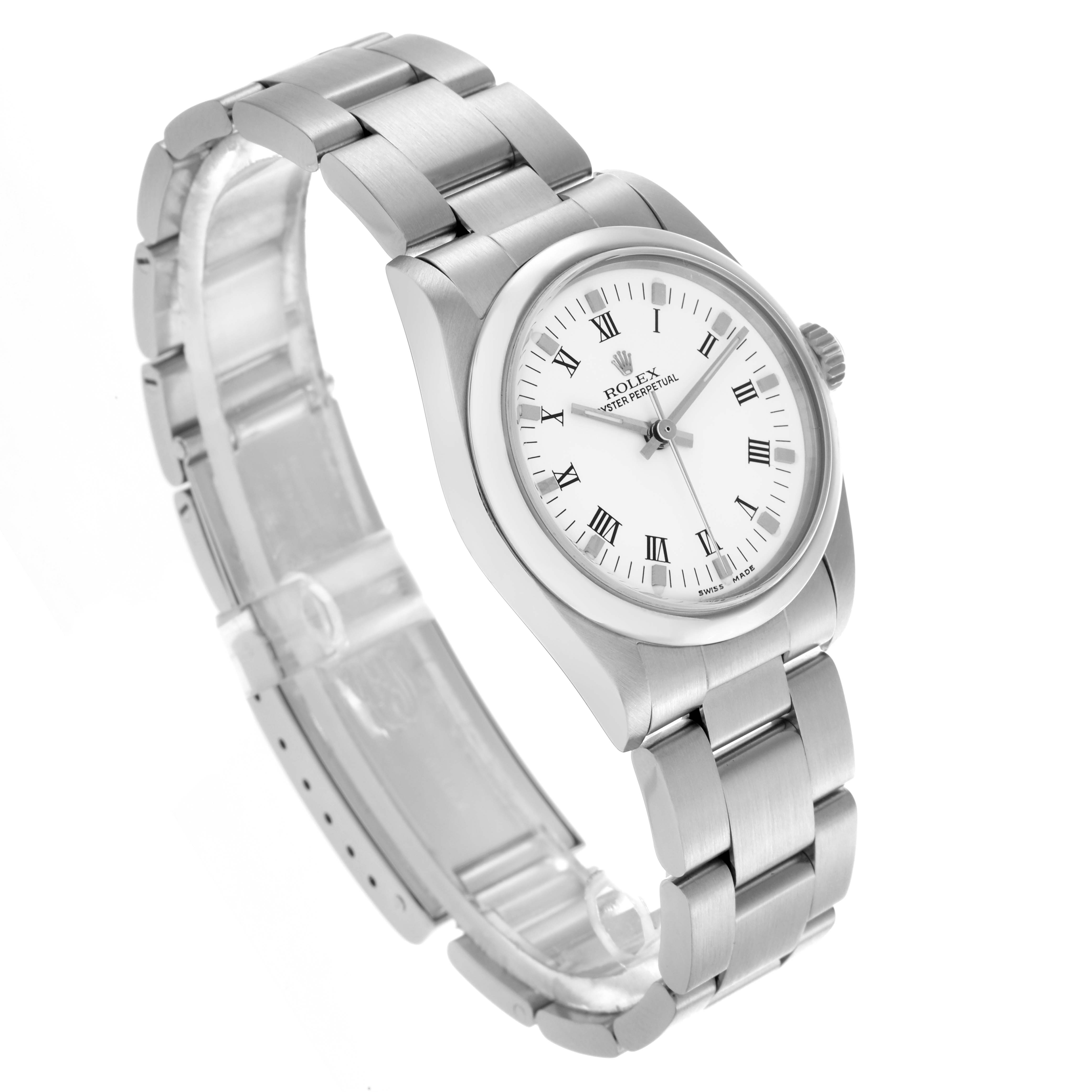 The Rolex Mid-Size 77080 Women's Stainless Steel White Dial 77080 Women's Stainless Steel White Dial model is shown at an angled side view, highlighting the face, bracelet, and crown.