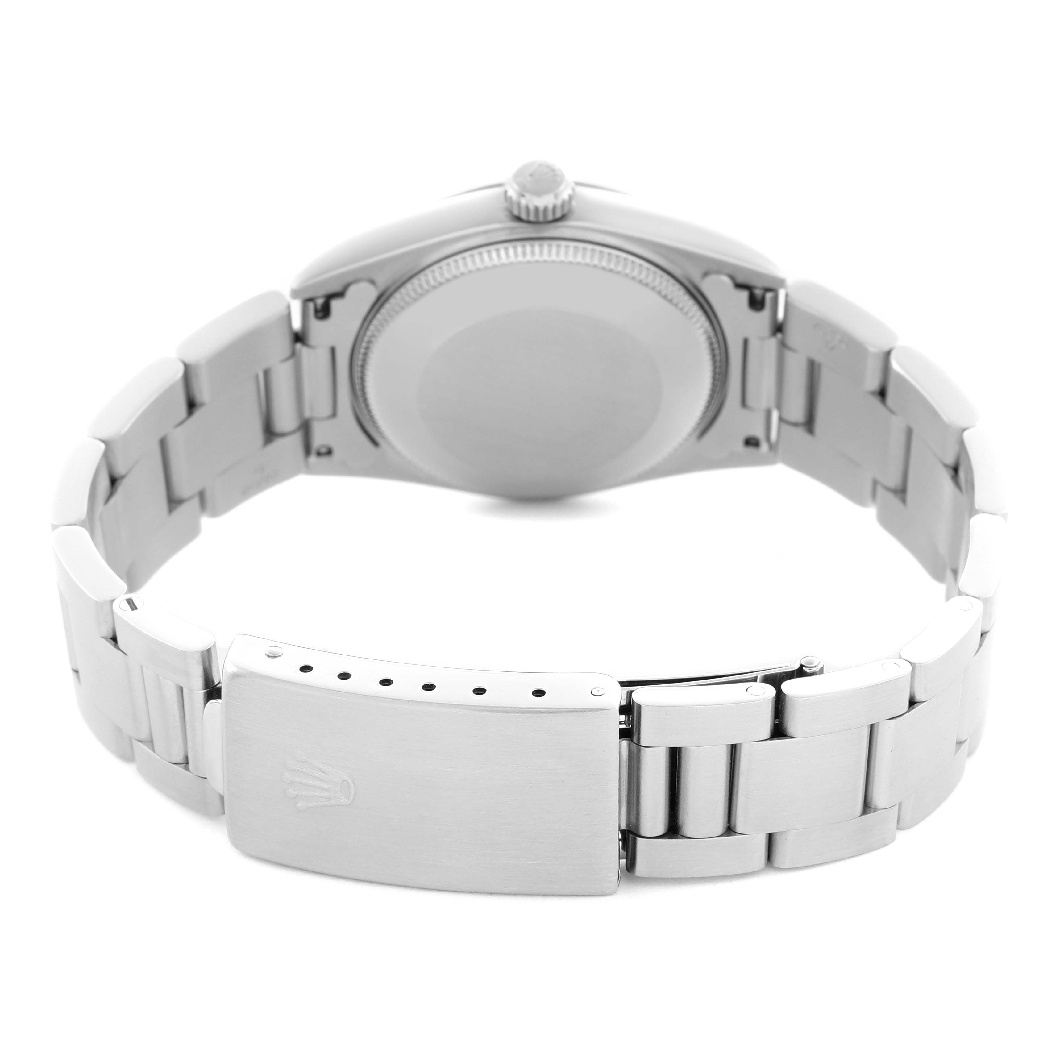 The Rolex Mid-Size 77080 Women's Stainless Steel White Dial 77080 Women's Stainless Steel White Dial watch is shown from the back, highlighting the clasp, bracelet, and case back.