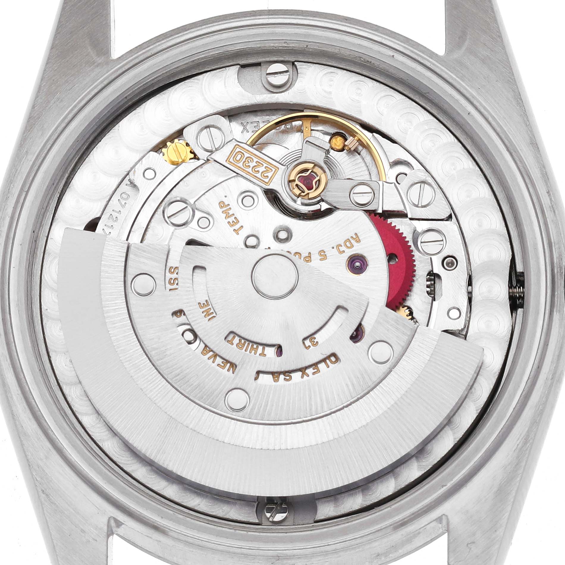 The image shows the internal mechanism of a Rolex Mid-Size 77080 Women's Stainless Steel White Dial 77080 Women's Stainless Steel White Dial watch, viewed from the back, featuring the rotor and movement components.