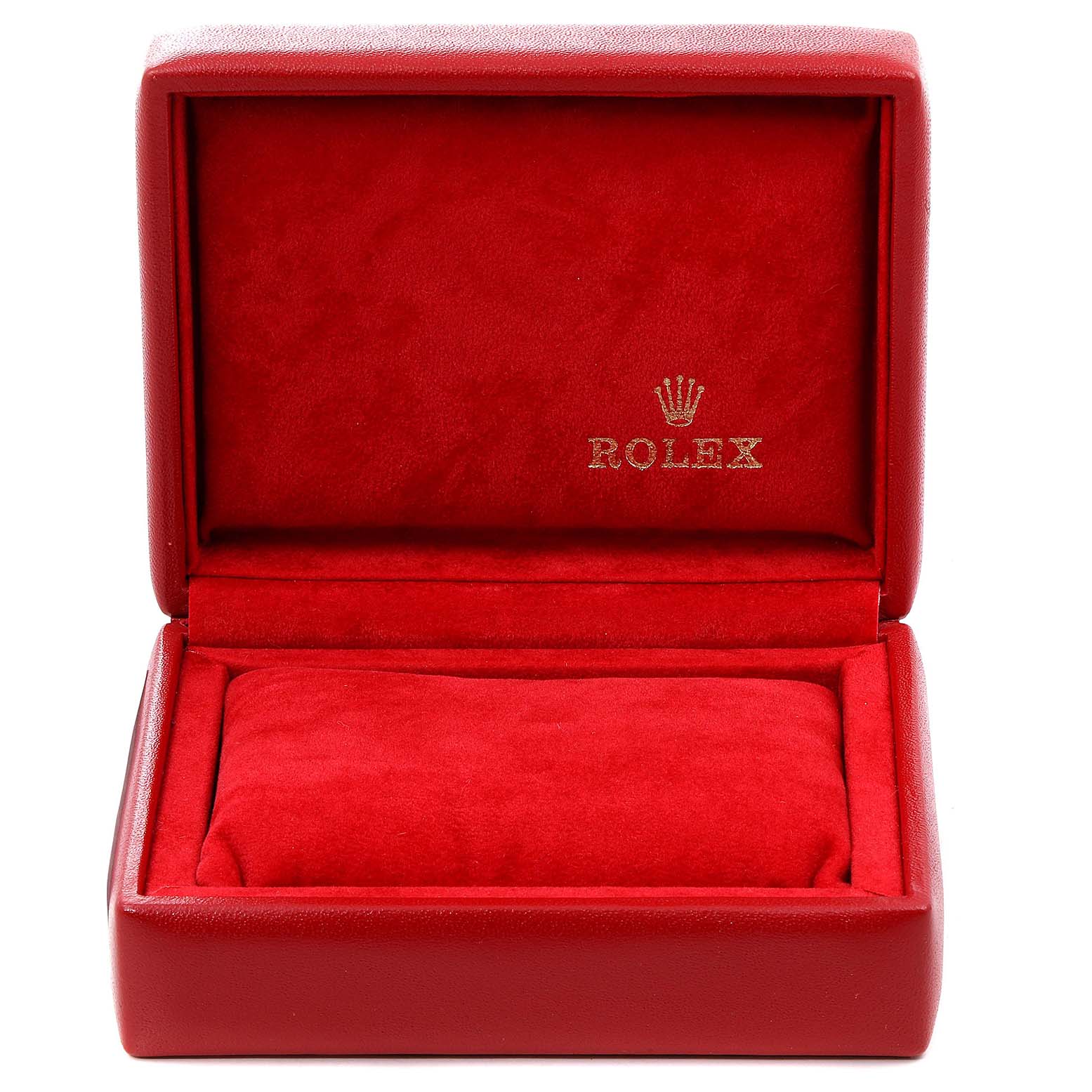 The image shows an empty red watch box for the Rolex Oyster Perpetual 67180 Women
s Stainless Steel Blue Dial 67180 Women
s Stainless Steel Blue Dial model, with the brand
s logo on the inside lid.