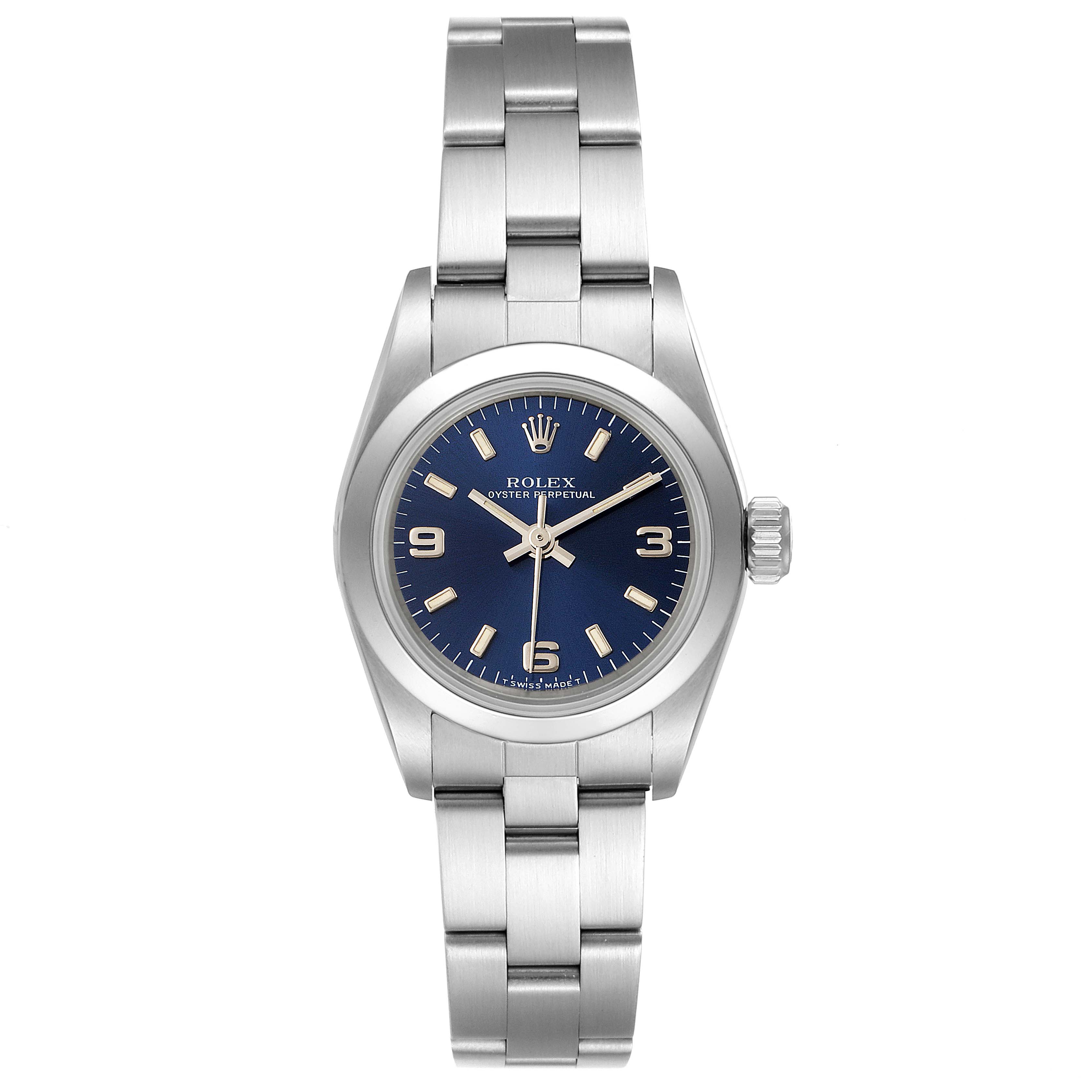 The image shows a front view of the Rolex Oyster Perpetual 67180 Women
s Stainless Steel Blue Dial 67180 Women
s Stainless Steel Blue Dial watch, highlighting the face, bracelet, and crown.