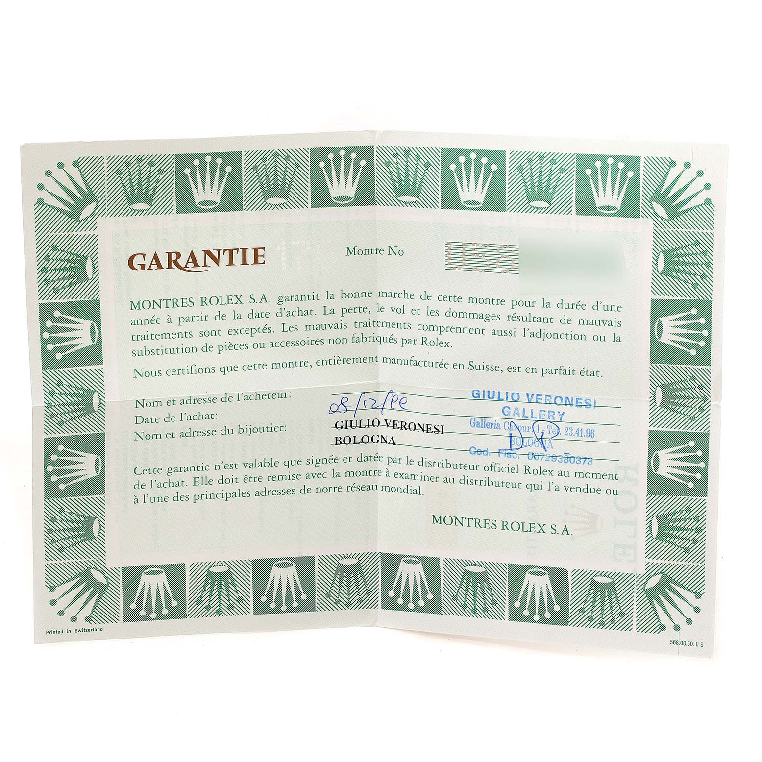 The image shows the warranty certificate for a Rolex Oyster Perpetual 67180 Women's Stainless Steel White Dial 67180 Women's Stainless Steel White Dial model; it includes purchaser and retailer details.