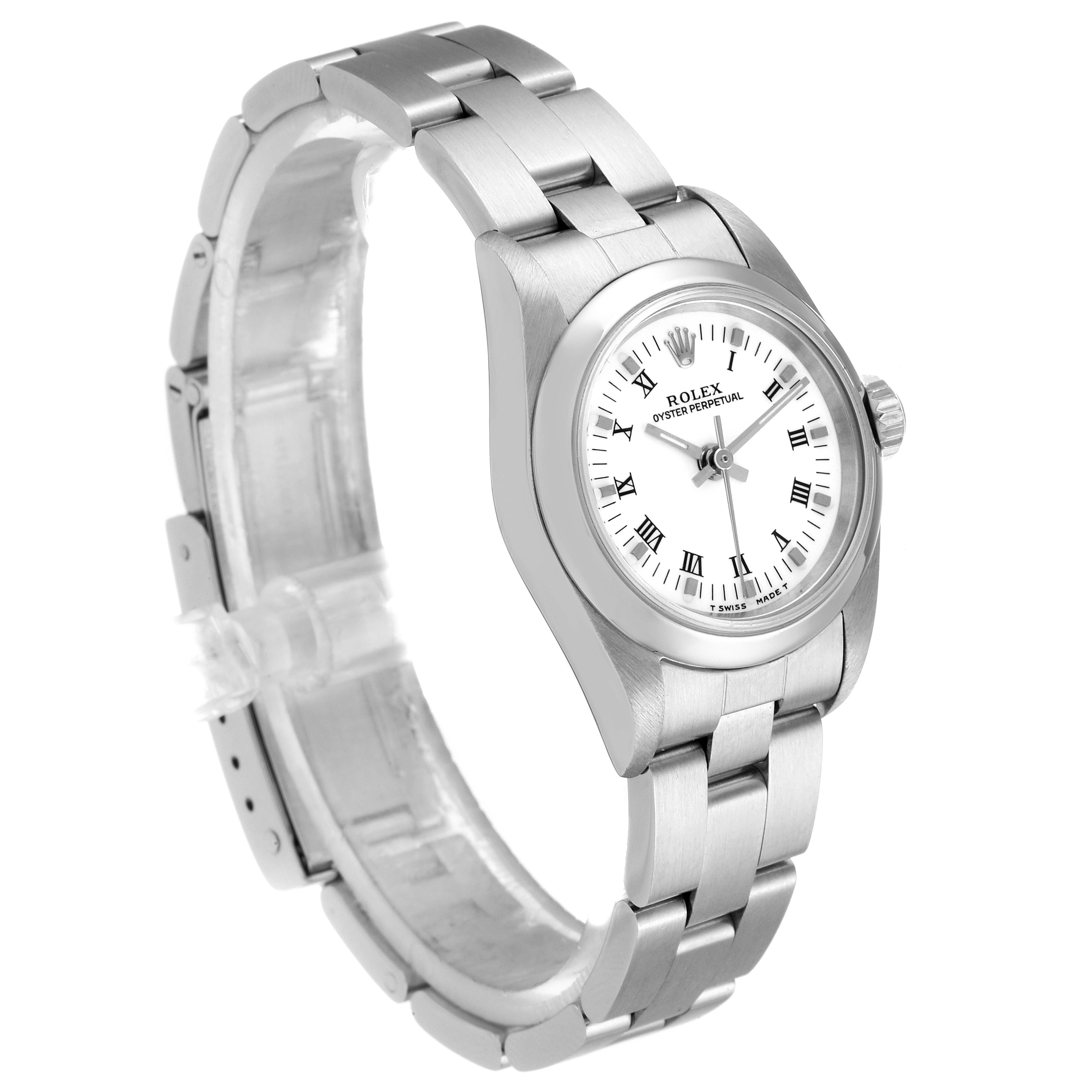 The image shows a Rolex Oyster Perpetual 67180 Women's Stainless Steel White Dial 67180 Women's Stainless Steel White Dial watch angled to display the bracelet and dial.
