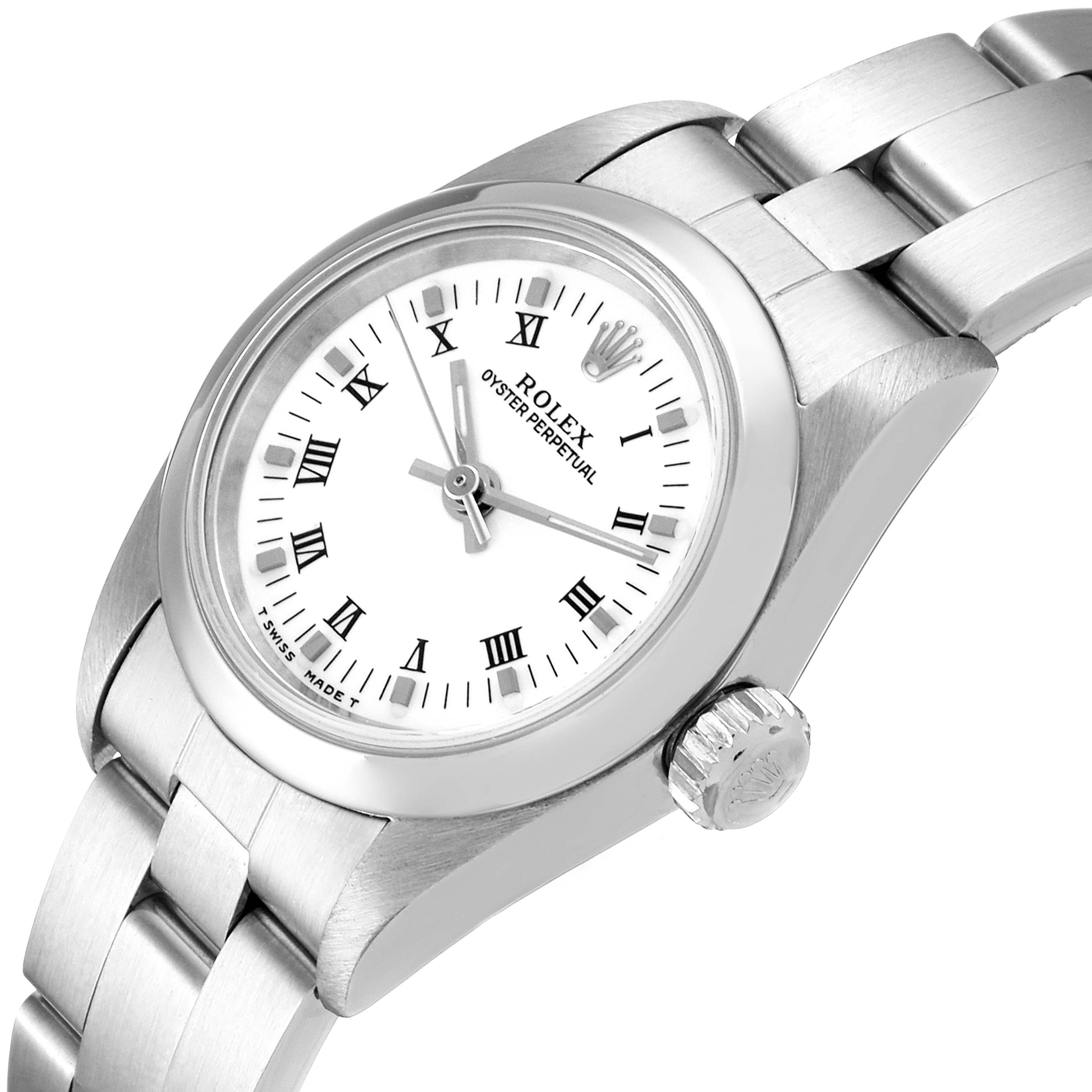 The Rolex Oyster Perpetual 67180 Women's Stainless Steel White Dial 67180 Women's Stainless Steel White Dial watch is shown at an angle highlighting the dial, bezel, crown, and part of the bracelet.