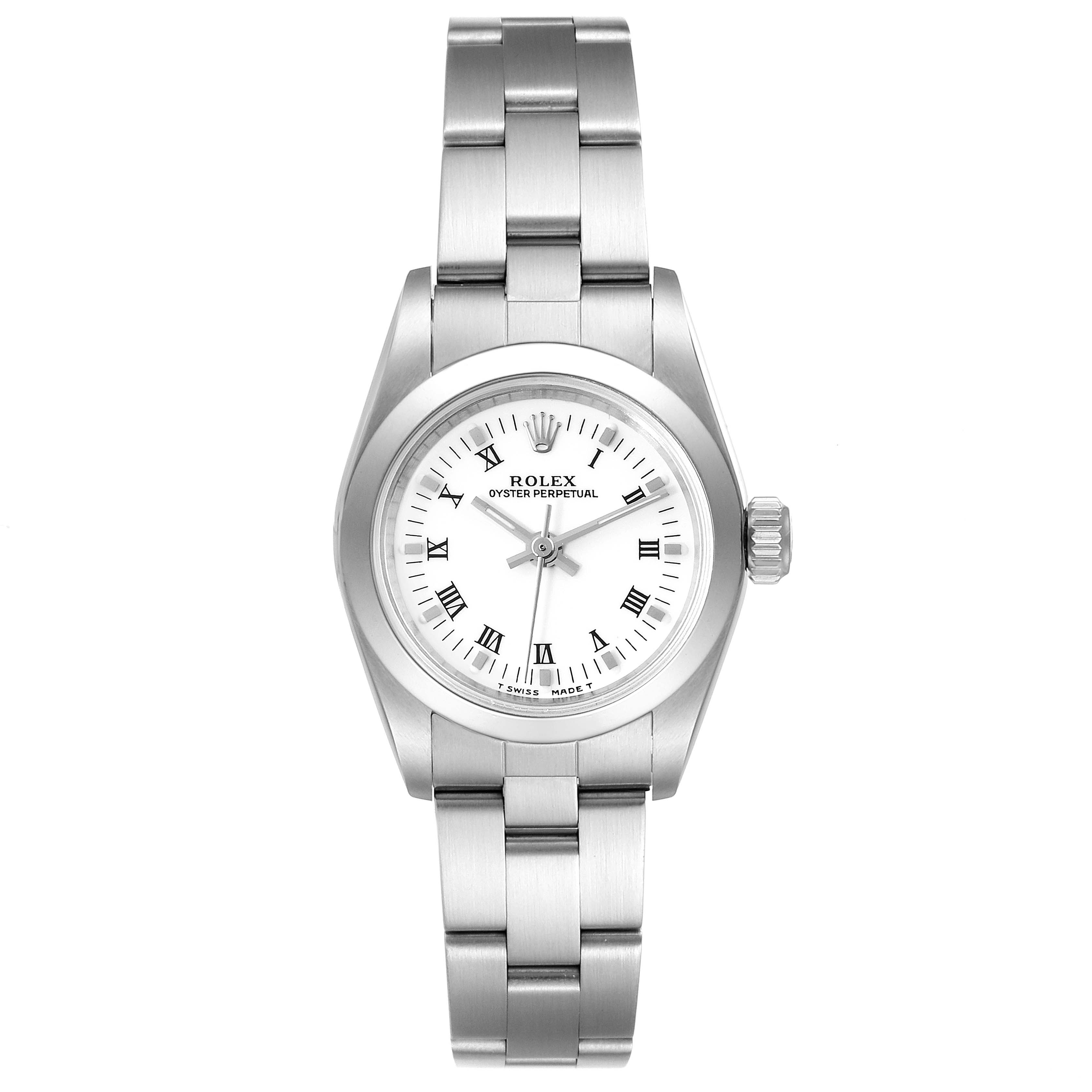 The image shows a Rolex Oyster Perpetual 67180 Women's Stainless Steel White Dial 67180 Women's Stainless Steel White Dial watch from a top-down angle, displaying the face, bezel, crown, and bracelet.